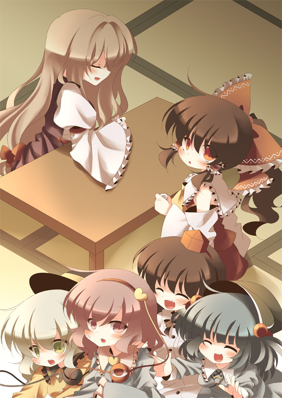 anju (meipurusanchi), anju (pixiv), hakurei reimu, kawashiro nitori, komeiji koishi, komeiji satori, shameimaru aya, yakumo yukari, touhou, bad id, bad pixiv id, 6+girls, :d, blunt bangs, blush, chestnut mouth, closed eyes, female focus, food, fruit, hat, indoors, leaf, multiple girls, open mouth, peach, shaded face, smile, table, tatami, tokin hat, two side up