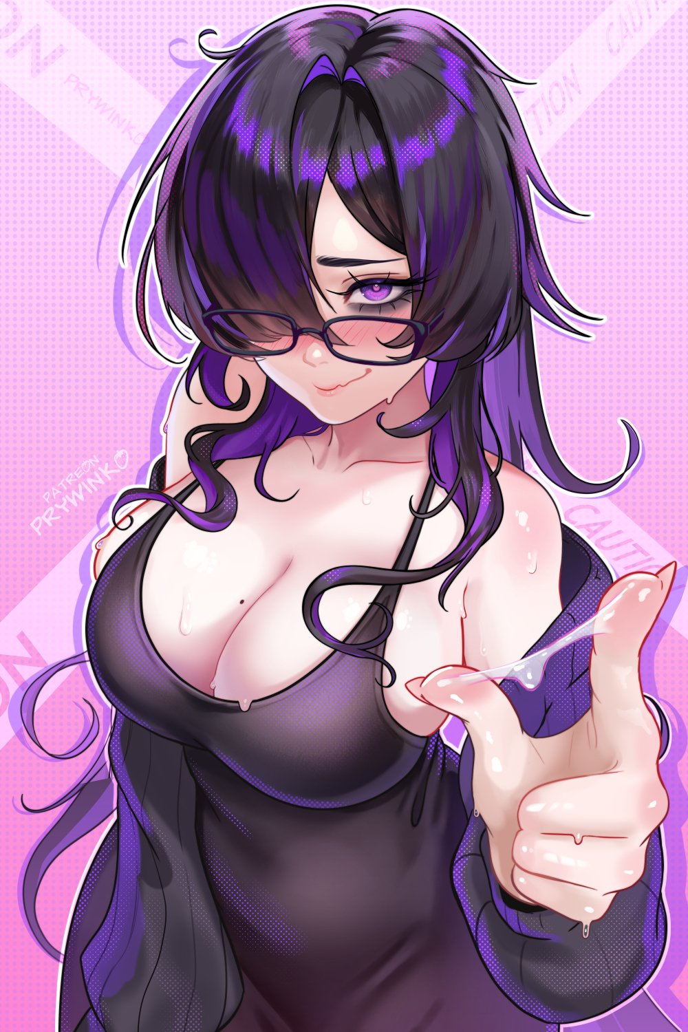 prywinko, label (nikke), goddess of victory: nikke, commentary, english commentary, highres, 1girl, armpit crease, bare shoulders, black-framed eyewear, black cardigan, black dress, black hair, blunt bangs, blush, breasts, cardigan, cleavage, collarbone, colored inner hair, dotted background, dress, glasses, hair over one eye, hand up, large breasts, long bangs, long hair, long sleeves, looking at viewer, looking over eyewear, mole, mole on breast, multicolored hair, off shoulder, open cardigan, open clothes, outline, patreon username, pink background, purple eyes, purple hair, pussy juice, pussy juice on fingers, sleeveless, sleeveless dress, solo, spaghetti strap, streaked hair, sweat, tight clothes, tight dress, two-tone background, upper body, wavy mouth, white outline