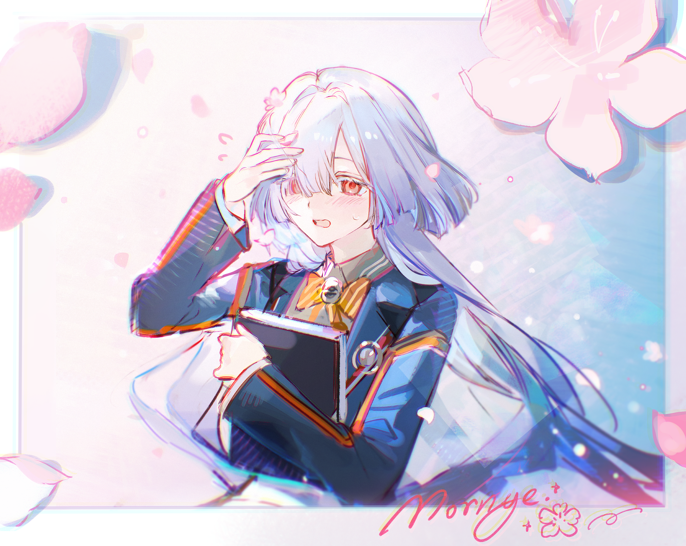 sanmen, mornye (wuthering waves), wuthering waves, chinese commentary, commentary request, highres, 1girl, blue jacket, bow, bowtie, character signature, chromatic aberration, colored eyelashes, grey hair, hand up, holding, jacket, long hair, orange bow, orange bowtie, red eyes, solo