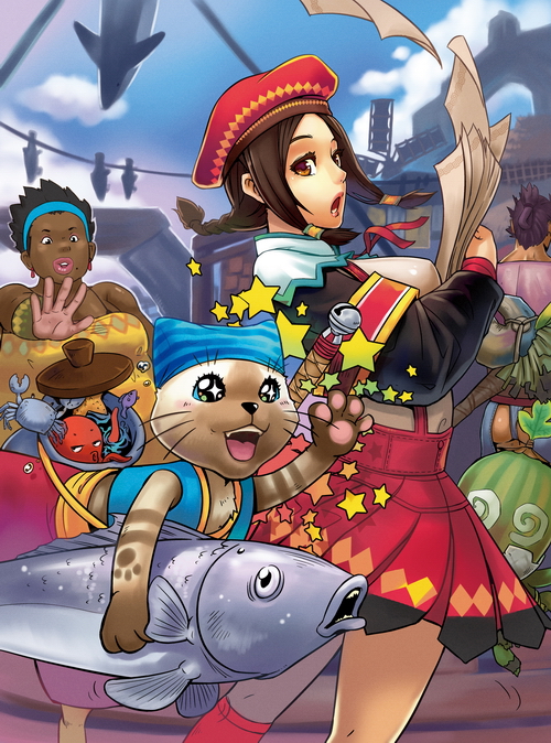 yukiusagi1983, cha-cha, chief's son (monster hunter 3), felyne, fishmongress (monster hunter 3), guild sweetheart, itinerant cook, capcom, monster hunter (series), monster hunter 3, 1boy, 2girls, beret, brown eyes, brown hair, cat, fish, flying paper, hairband, hat, miniskirt, multiple girls, paper, pteruges, skirt, suspender skirt, suspenders