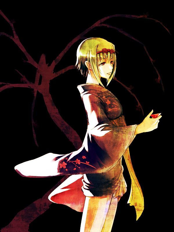 seitsuji, akai ito, bad id, bad pixiv id, brown hair, cup, japanese clothes, kimono, red eyes, sakazuki, short hair, solo