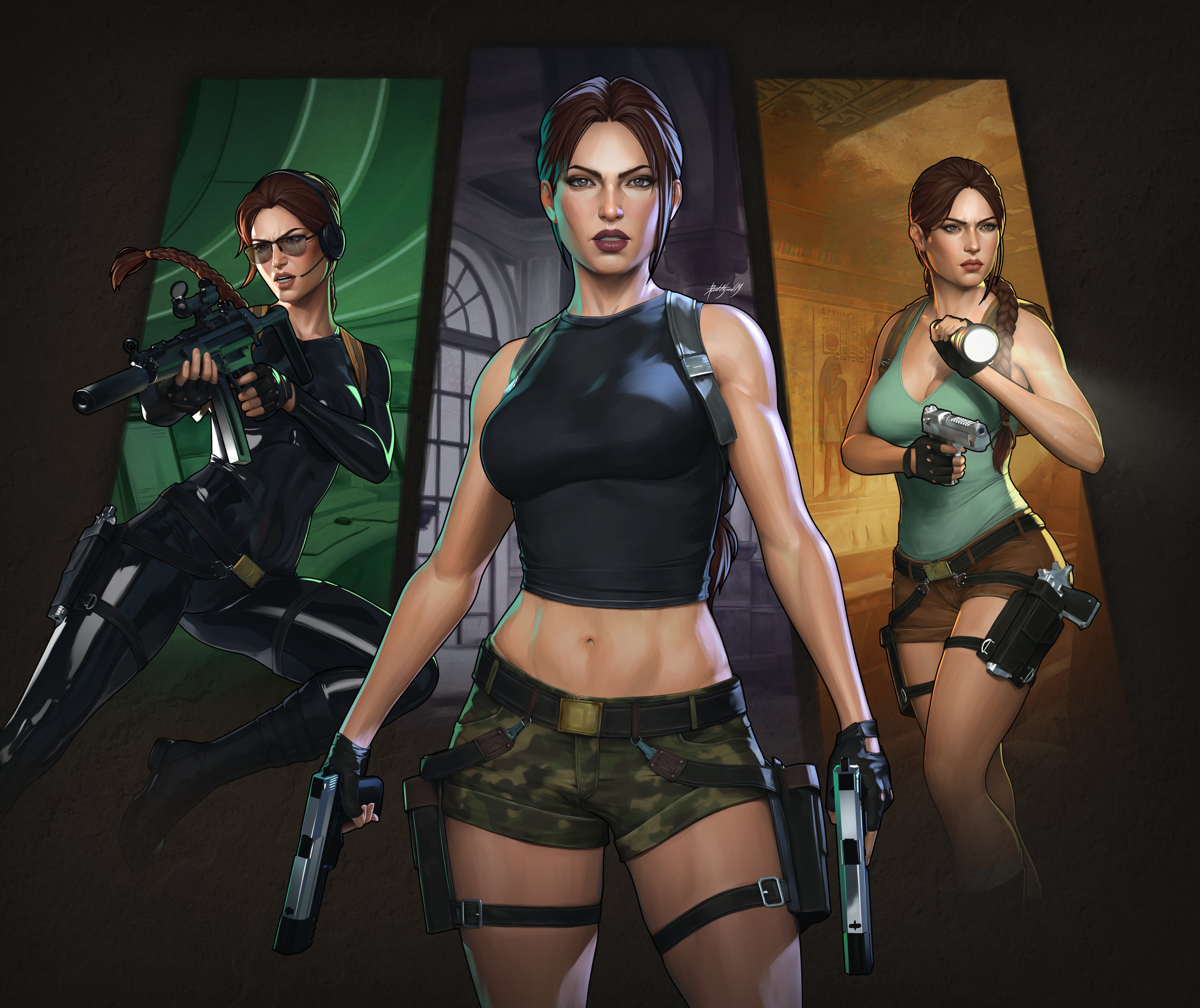 dalejomej, lara croft, tomb raider, absurdres, clip studio paint (medium), commentary, english commentary, highres, aqua tank top, arms at sides, asymmetrical bangs, backpack, bag, bare shoulders, belt, black tank top, boots, braid, braided ponytail, breasts, brown eyes, brown hair, brown shorts, camouflage, camouflage shorts, cleavage, desert eagle, flashlight, flashlight beam, gun, h&k mp5, h&k usp, handgun, headpiece, holding, holding flashlight, holding gun, holding weapon, holster, leather, lipstick, looking at viewer, looking to the side, makeup, navel, official alternate costume, parted bangs, parted lips, realistic, shorts, signature, simple background, single braid, spandex, submachine gun, sunglasses, tank top, thigh holster, thigh strap, toned, upper body, weapon