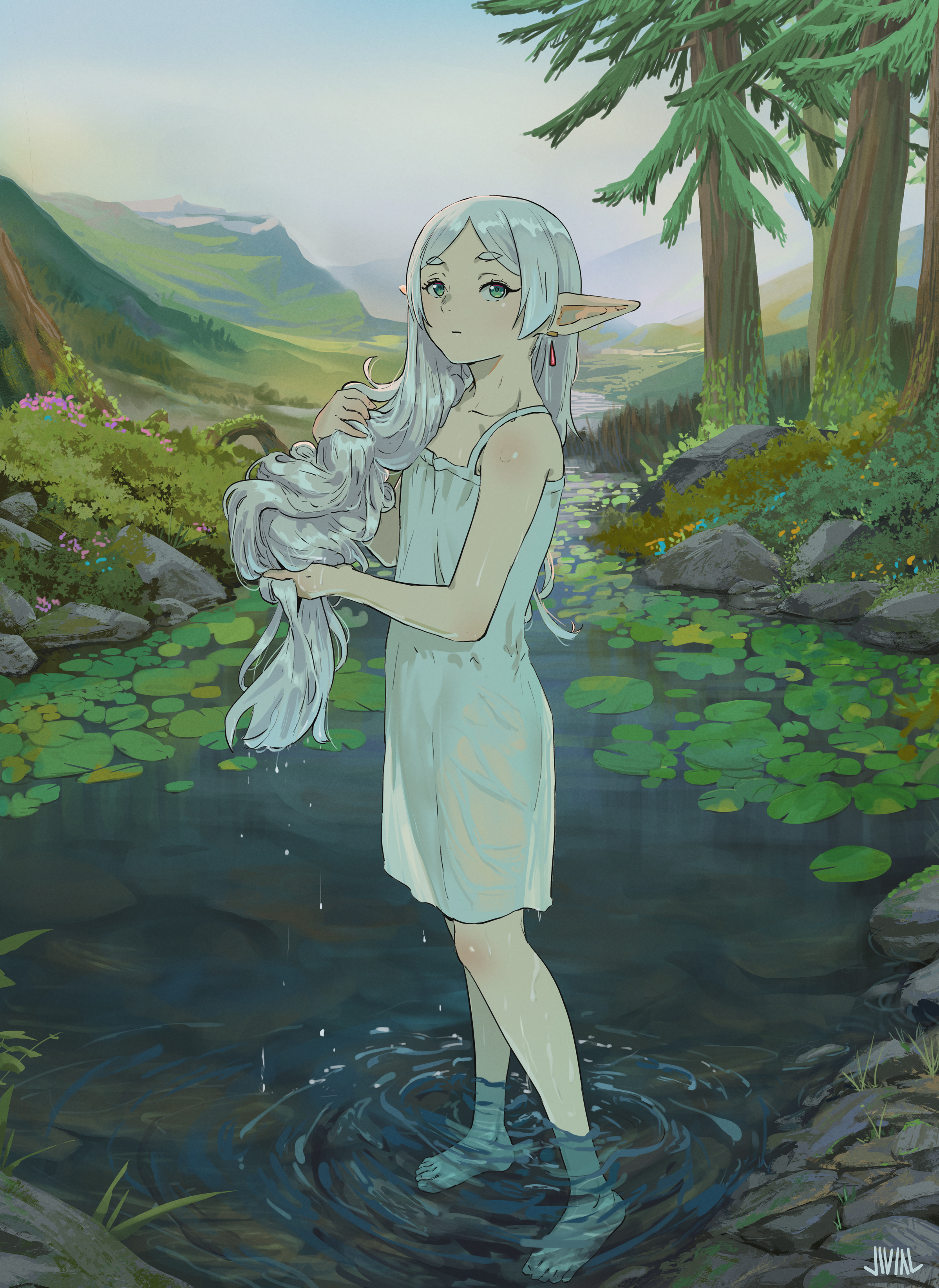 justin leyva (steamy tomato), frieren, sousou no frieren, absurdres, commentary, highres, 1girl, barefoot, closed mouth, day, dress, earrings, elf, expressionless, feet, flat chest, forest, green eyes, grey hair, hair down, jewelry, lily pad, long hair, long pointy ears, looking at viewer, moss, mountainous horizon, nature, outdoors, parted bangs, pointy ears, ripples, rock, short eyebrows, signature, sleeveless, sleeveless dress, solo, standing, teardrop earrings, toes, tree, very long hair, wading, washing hair, water, water drop, wet, wet clothes, white dress