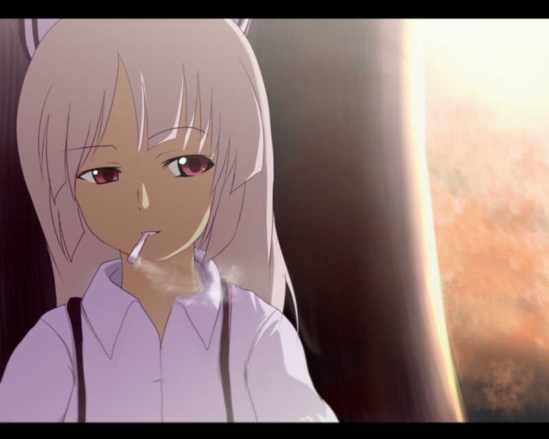 hiiragi mitsuna, fujiwara no mokou, touhou, 1girl, anime coloring, cigarette, female focus, letterboxed, red eyes, smoke, smoking, solo, sunlight, sunset, suspenders, twilight, white hair