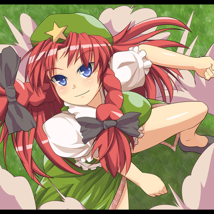 sil, supershiruco, hong meiling, embodiment of scarlet devil, touhou, bad id, bad pixiv id, 1girl, blue eyes, braid, chinese clothes, female focus, hat, long hair, red hair, solo, twin braids