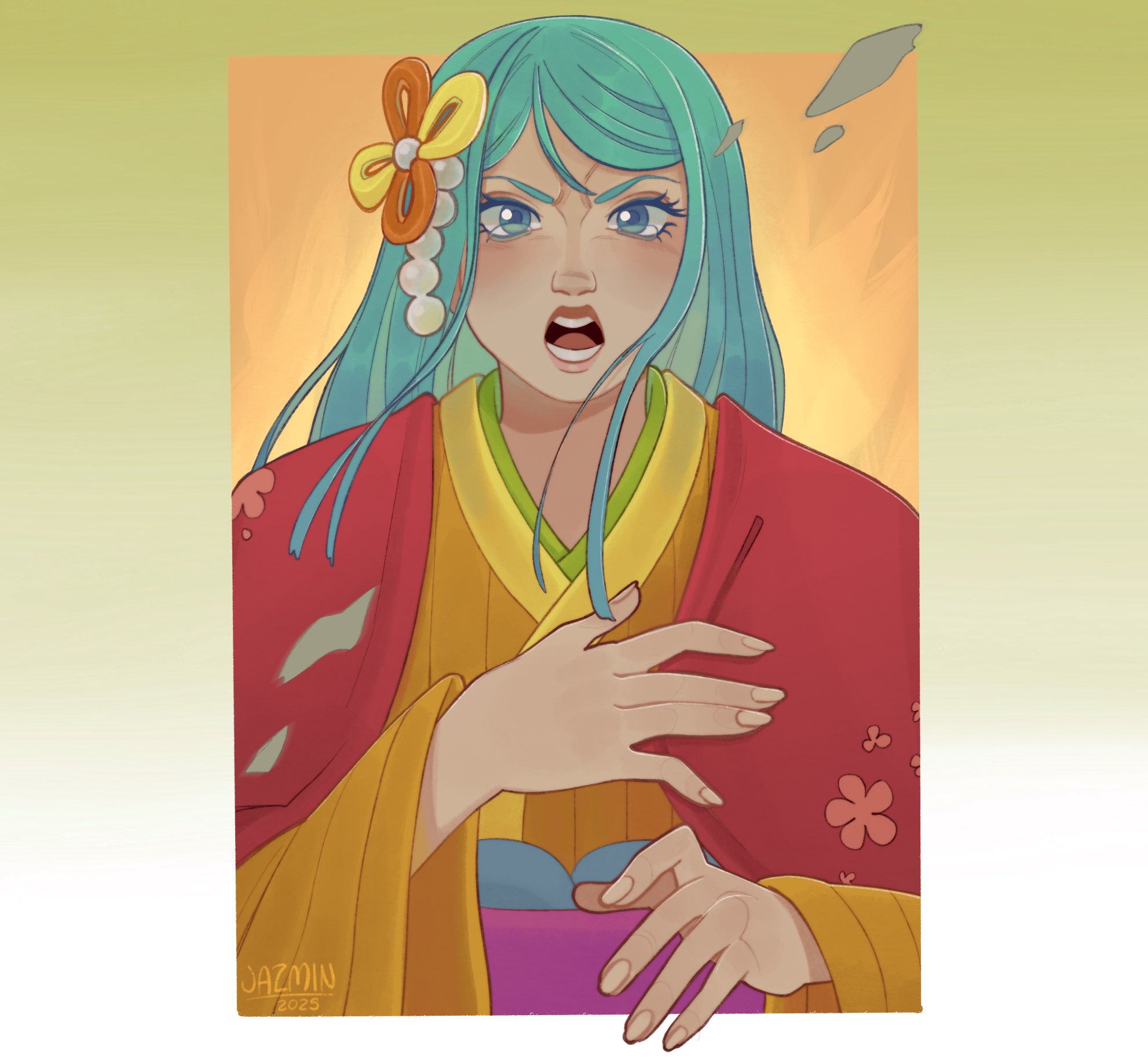 kouzuki toki, one piece, commentary, highres, 1girl, aqua eyes, aqua hair, border, gradient border, hair ornament, itzjazzyjazzin, japanese clothes, kimono, long hair, looking at viewer, obi, open mouth, sash, signature, solo, swept bangs, tears, upper body, wide sleeves