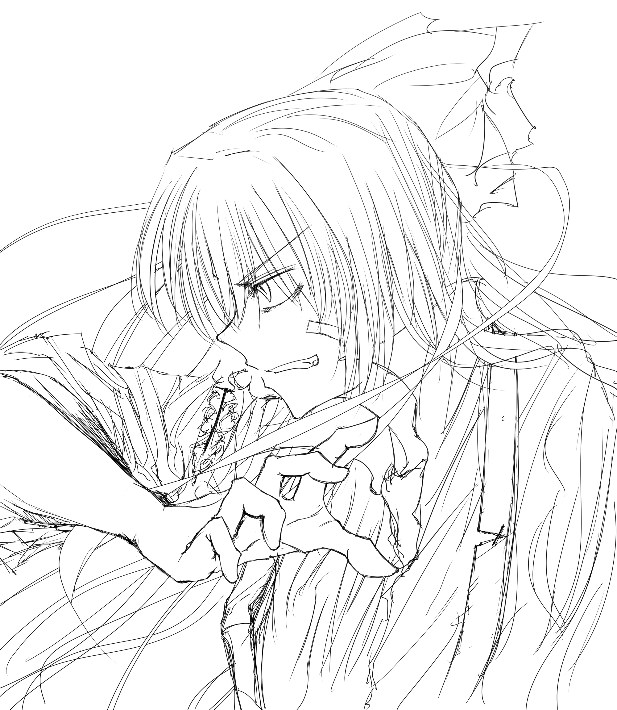 rhapsode, fujiwara no mokou, touhou, bad id, bad pixiv id, highres, 1girl, female focus, greyscale, grin, hair ribbon, long hair, monochrome, profile, ribbon, sketch, smile, solo, suspenders, torn clothes, upper body, white background