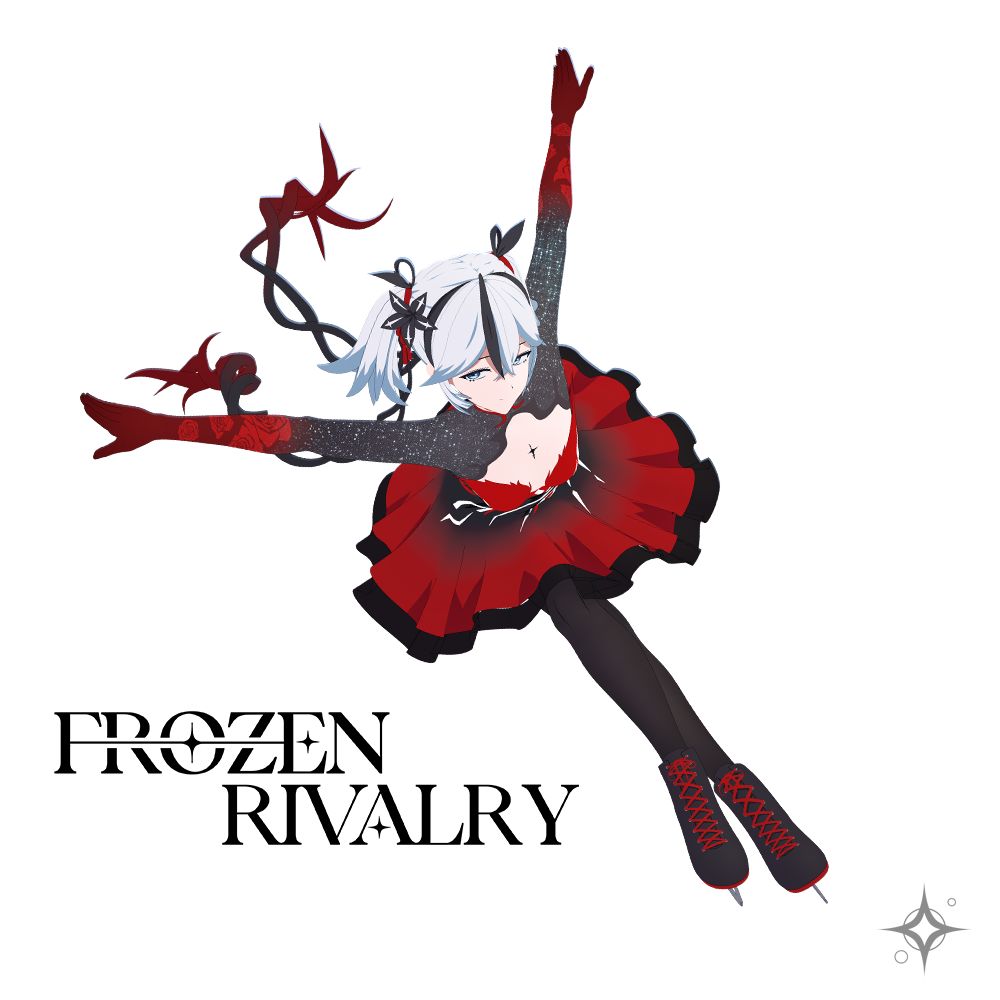 camellya (wuthering waves), wuthering waves, blender (medium), commentary, english commentary, 1girl, 3d, alternate costume, arms up, black flower, black pantyhose, black shrug, blake bloom (wuthering waves), breasts, closed mouth, dress, flower, full body, goo engine (medium), grey eyes, guest art, hair between eyes, hair flower, hair ornament, hair vines, ice skates, logo, looking at viewer, outstretched arms, pantyhose, red dress, short hair, shrug (clothing), simple background, skates, small breasts, smile, solo, title, white background, winterstellar studios