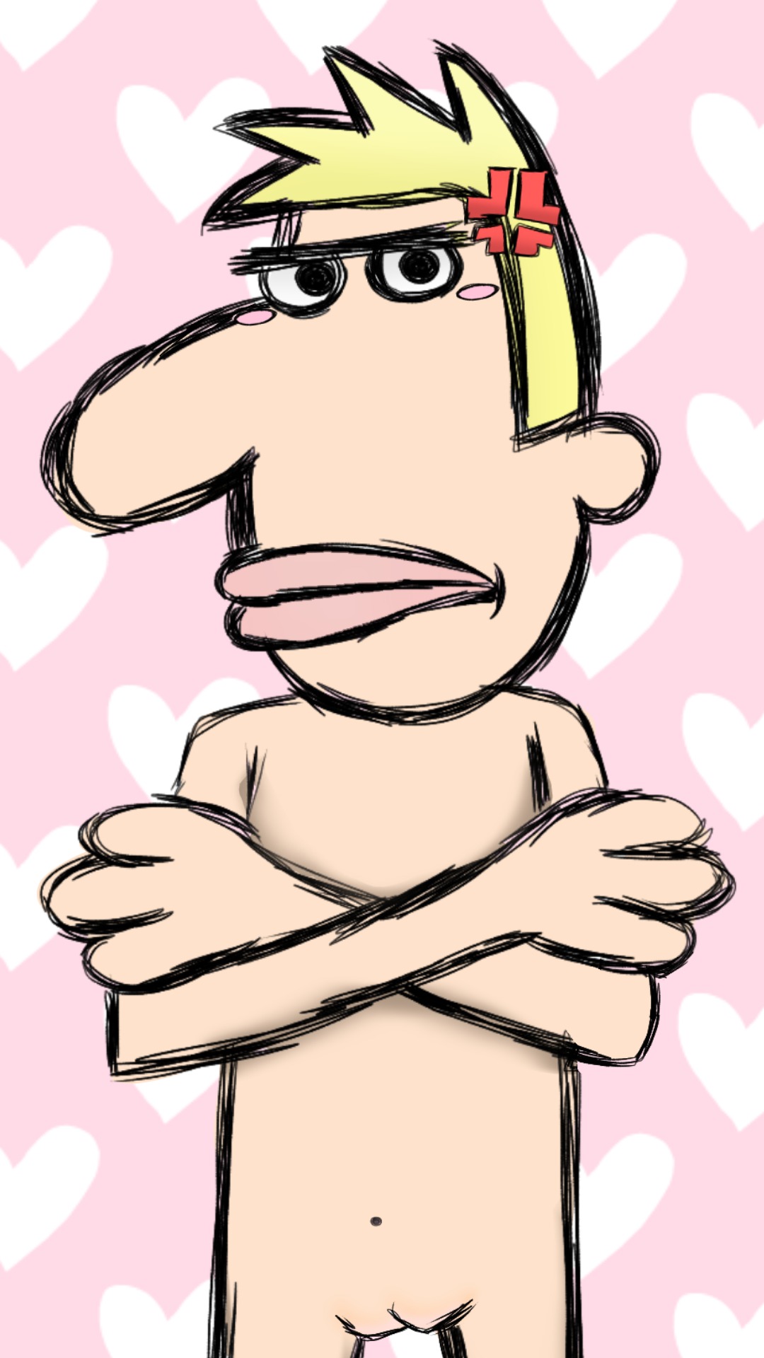 copyright request, highres, non-web source, angry, annoyed, blonde hair, cuntboy, legends of chamberlain heights, milk (legends of chamberlain heights), navel, nude, pink background, pussy, toon (style), what, where you going hemmy?