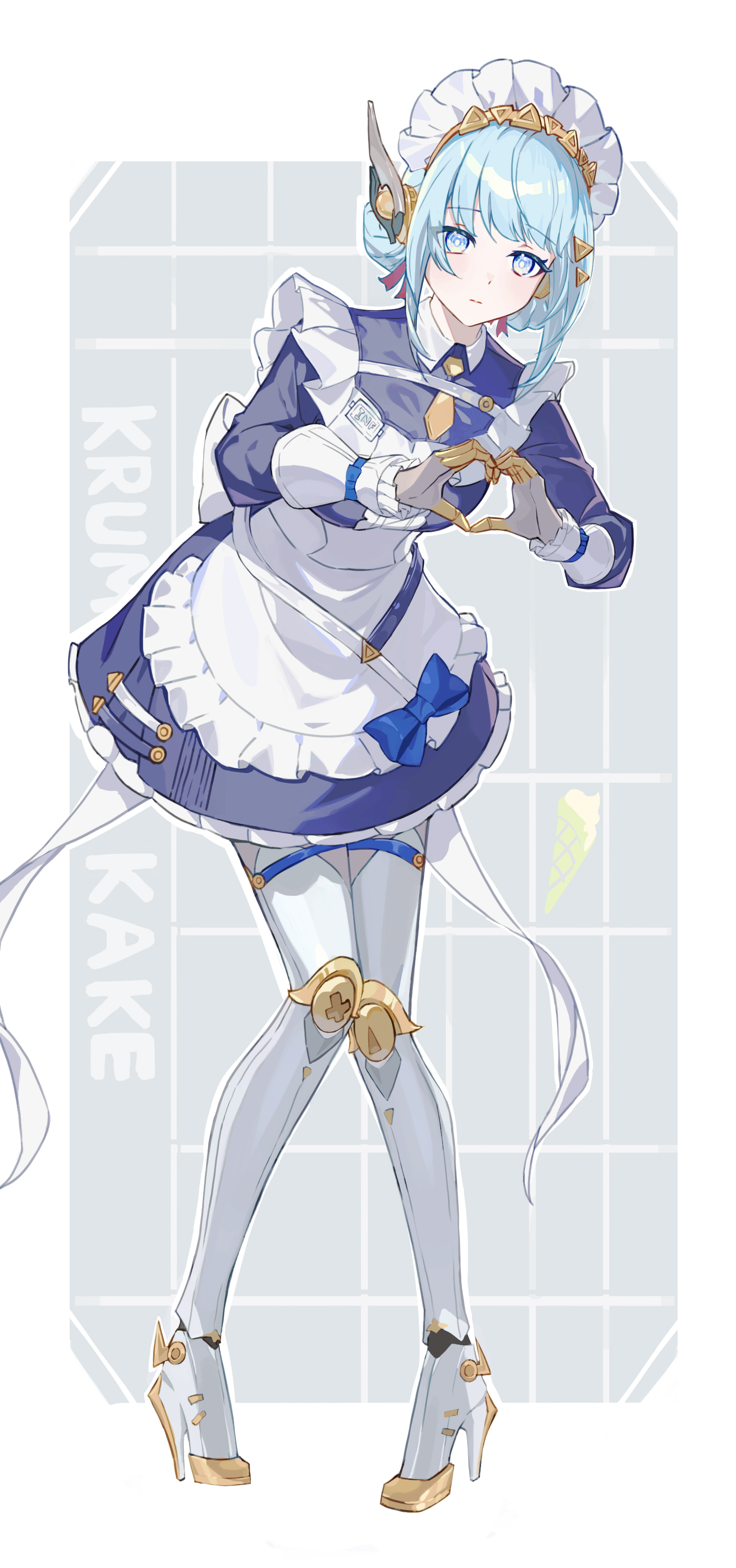 ineffa (genshin impact), genshin impact, absurdres, commentary request, highres, mixed-language commentary, multilingual commentary, 1girl, alternate costume, android, blue eyes, blue hair, closed mouth, full body, hair ornament, heart, heart hands, high-heeled mechanical legs, joints, looking at viewer, maid, maid headdress, mechanical arms, mechanical legs, mu (rgpv4745), robot ears, robot joints, solo, triangle hair ornament