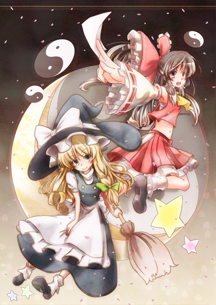 leo hariyoru, hakurei reimu, kirisame marisa, touhou, bad id, bad pixiv id, 2girls, apron, armpits, blonde hair, blush, bow, broom, buttons, detached sleeves, dress, female focus, hair bow, hair ribbon, hat, japanese clothes, maali, miko, multiple girls, navel, ribbon, shoes, smile, socks, star (symbol), witch, witch hat, yin yang