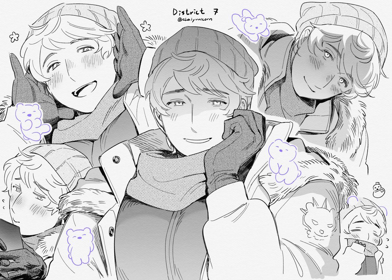 qia li, russia (hetalia), axis powers hetalia, commentary, symbol-only commentary, 1boy, artist name, blush, buttons, cellphone, clenched hand, closed eyes, closed mouth, covered mouth, down jacket, flower, flying sweatdrops, fur-trimmed jacket, fur trim, gloves, greyscale, half-closed eyes, hand on own face, hands on own face, hands up, hat, holding, holding phone, jacket, long sleeves, looking at phone, looking at viewer, male focus, monochrome, multiple views, official alternate costume, open clothes, open jacket, open mouth, phone, puffy long sleeves, puffy sleeves, scarf, simple background, smartphone, smile, teeth, upper body