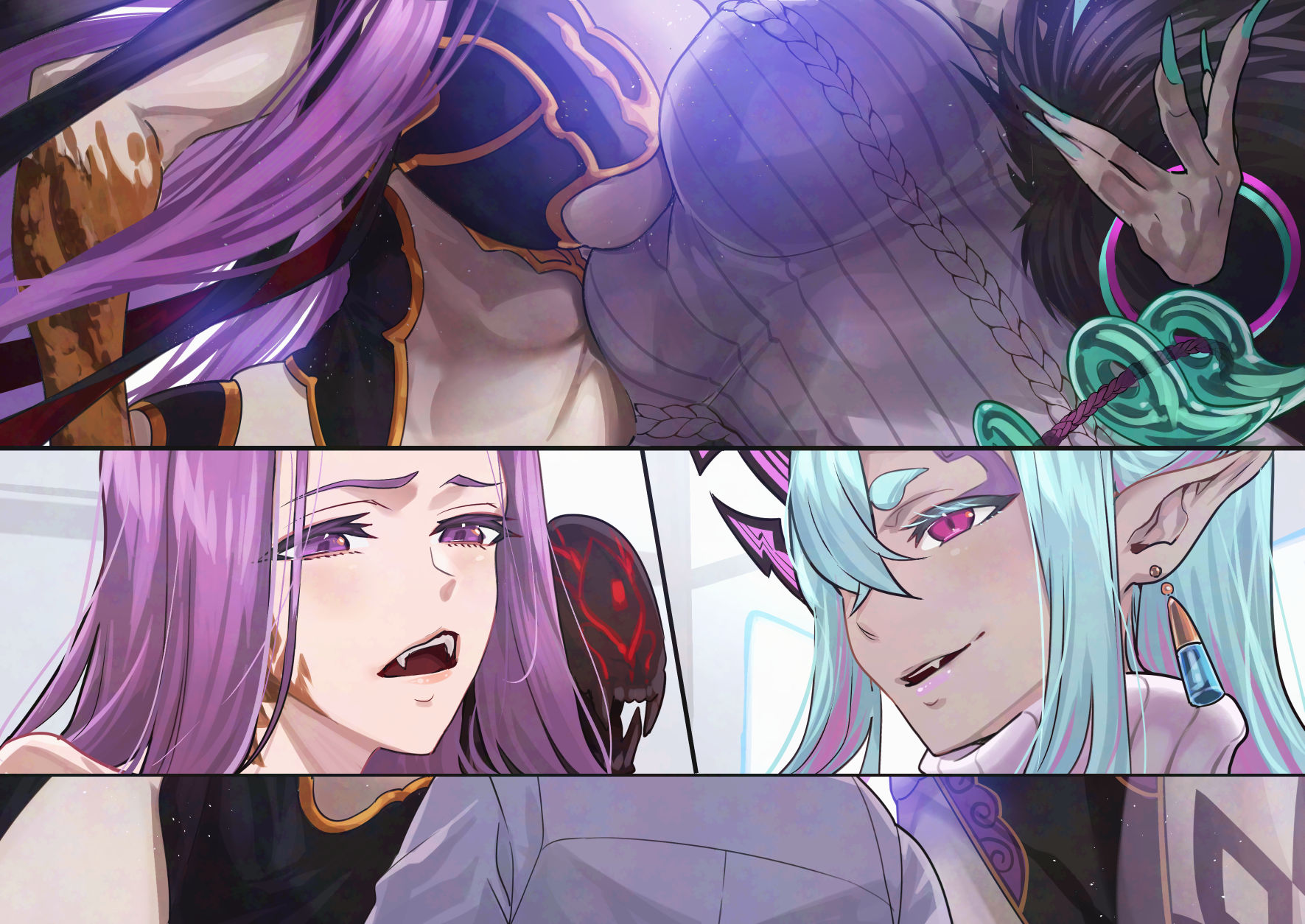 akinaie, fujimaru ritsuka (male), gorgon (fate), ibuki douji (fate), ibuki douji (second ascension) (fate), medusa (fate), rider, fate/grand order, fate (series), commentary request, highres, 1boy, 2girls, aqua hair, black skirt, bracelet, breast press, breasts, colored skin, dress, earrings, grey skin, horns, jewelry, large breasts, long hair, long sleeves, magatama, multiple girls, open mouth, pelvic curtain, purple eyes, purple hair, shirt, sidelocks, skirt, smile, tall female, white shirt