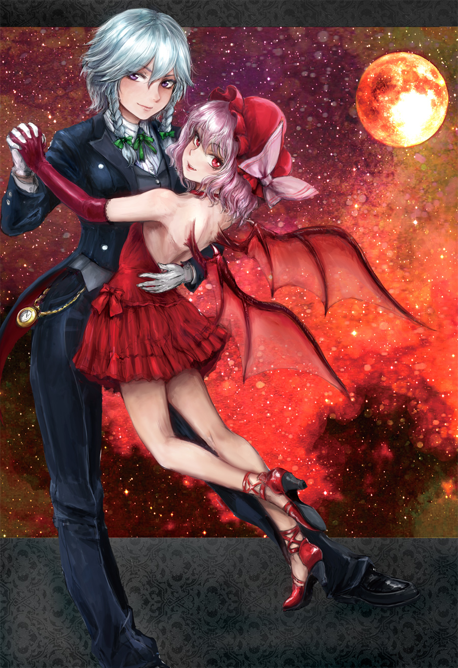 osakana (denpa yun'yun), izayoi sakuya, remilia scarlet, touhou, silver hair, bad id, bad pixiv id, highres, 2girls, alternate hair color, ankle lace-up, backless dress, backless outfit, bare back, bat wings, braid, butler, crossdressing (ftm), dress, elbow gloves, female butler, female focus, formal clothes, full moon, gloves, hat, high heels, mob cap, moon, multiple girls, pant suit, pants, pocket watch, purple hair, red eyes, red moon, red theme, shoes, short hair, smile, suit, twin braids, vest, waistcoat, watch, wings
