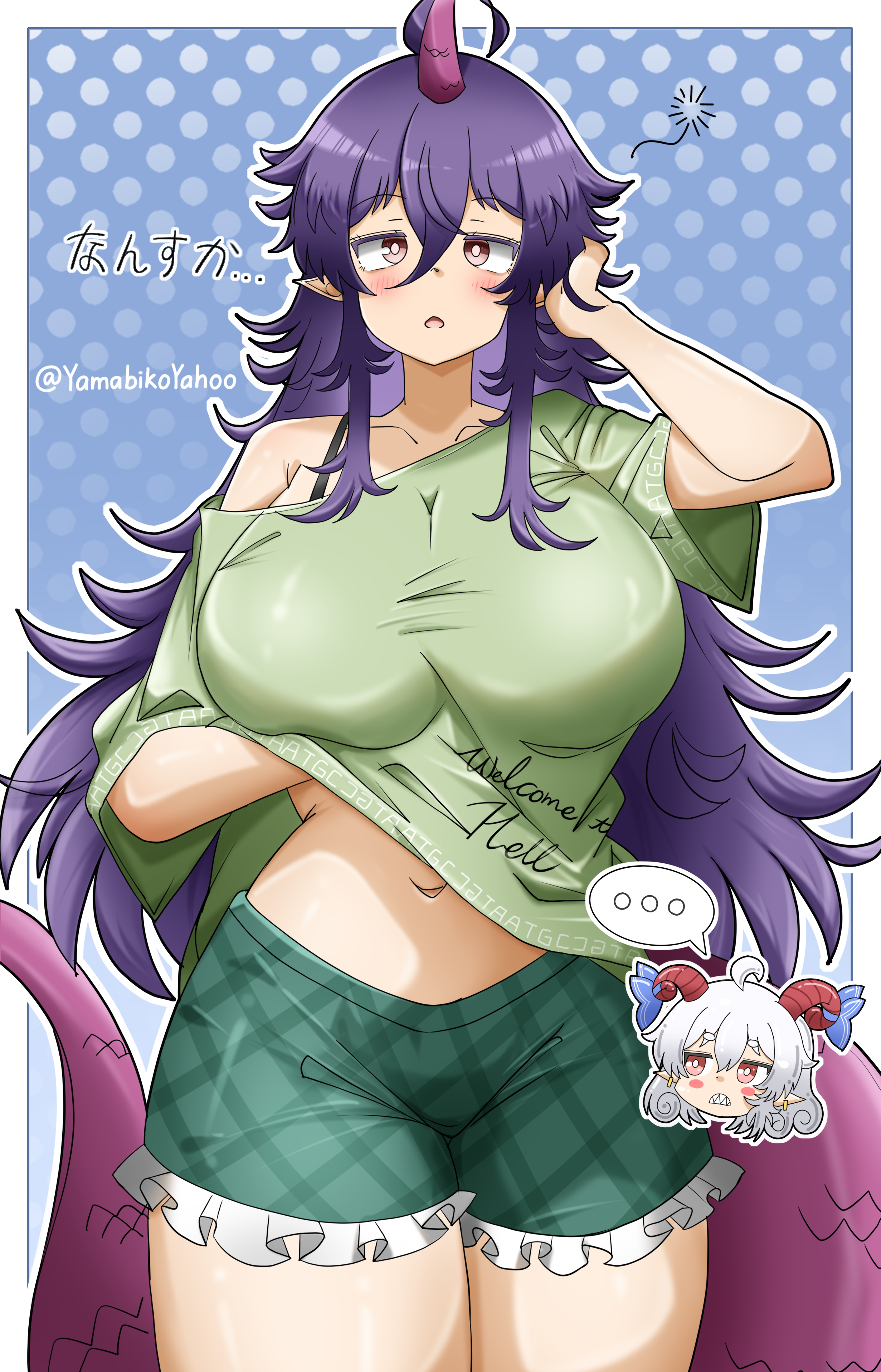yamabikoyahoo, tenkajin chiyari, toutetsu yuuma, touhou, absurdres, commentary request, highres, translation request, …, 2girls, blue background, blush, breasts, chibi, chibi inset, clothes writing, frilled shorts, frills, green shorts, hand in own hair, hand under clothes, hand under shirt, horns, large breasts, lizard tail, long hair, looking at viewer, messy hair, multiple girls, navel, open mouth, outline, pointy ears, polka dot, polka dot background, purple hair, red eyes, reptile girl, shirt, shorts, single bare shoulder, single horn, solo focus, spoken ellipsis, tail, white outline