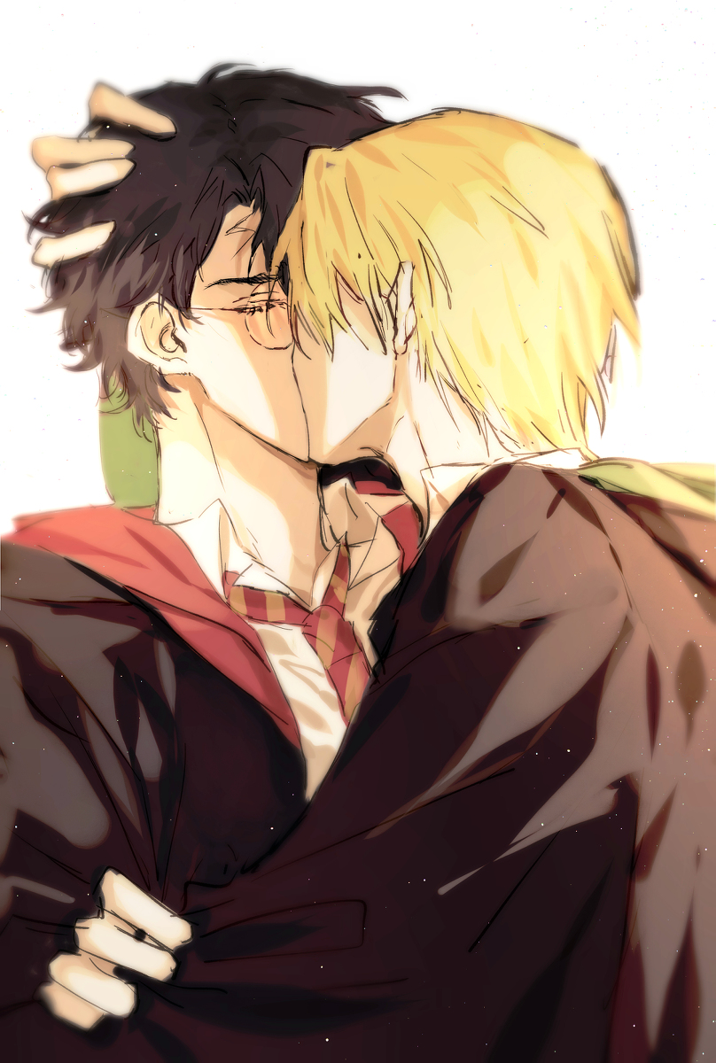 kakiko (15626244), draco malfoy, harry potter, harry potter (series), wizarding world, 2boys, black hair, blonde hair, closed eyes, collar, glasses, gryffindor, hand on another's arm, hand on another's head, hogwarts school uniform, kiss, male focus, multiple boys, necktie, scar, scar on face, scar on forehead, school uniform, shirt, short hair, simple background, striped necktie, white background, white shirt, wing collar, yaoi