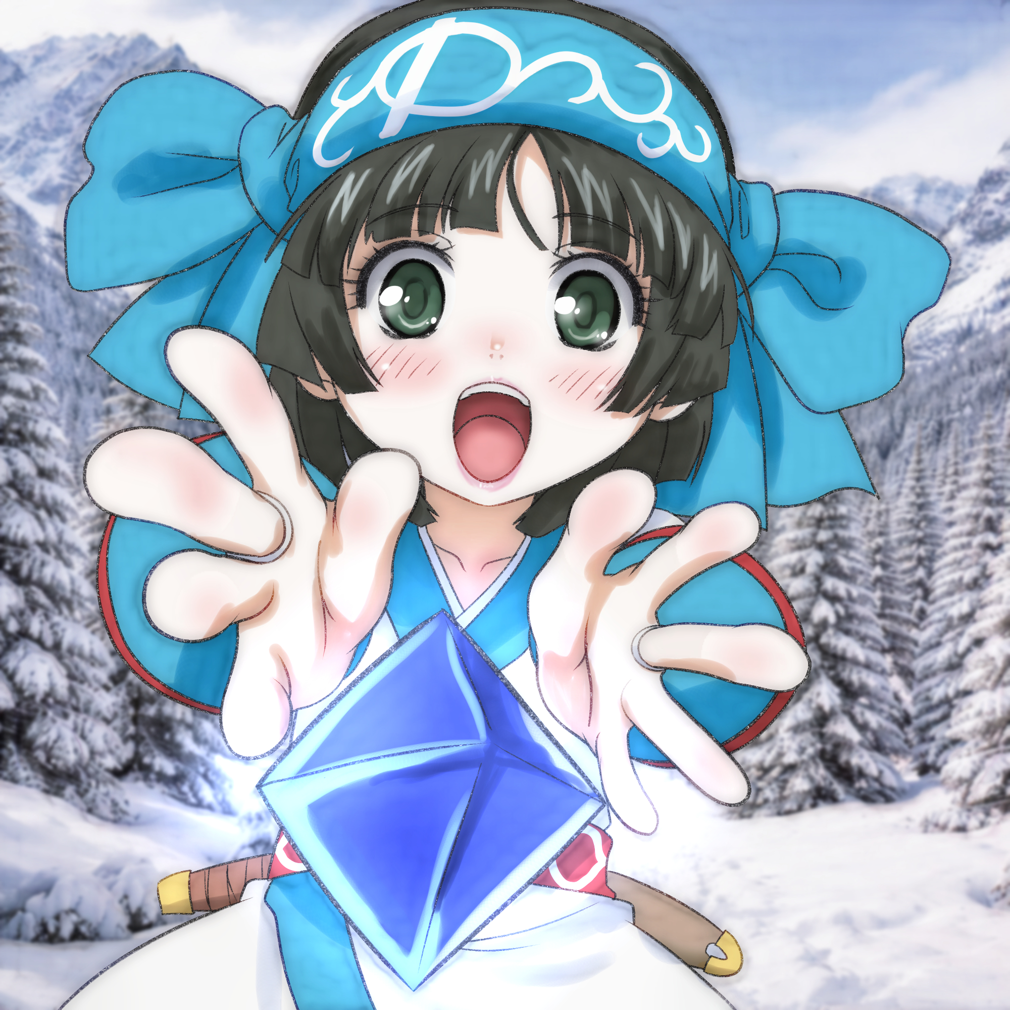 t jiroo (ringofriend), nakoruru, samurai spirits, snk, the king of fighters, 1girl, ainu clothes, black hair, blue gemstone, blush, cloud, collarbone, gem, green eyes, headband, japanese clothes, jewelry, kimono, long sleeves, looking at viewer, mountain, obi, open mouth, reaching, reaching towards viewer, ring, sash, sheath, short hair, sky, smile, snow, standing, teeth, tree, upper body, white kimono, winter