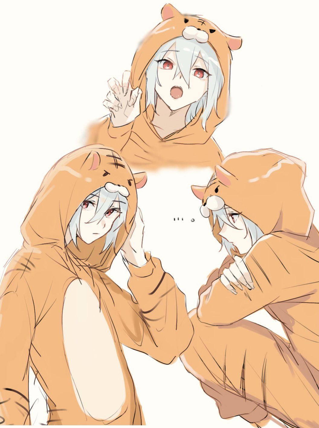 kuma5598, mihai florescu, kemono jihen, 1boy, claw pose, closed mouth, grey hair, hair between eyes, male focus, multiple views, onesie, open mouth, red eyes, solo, upper body