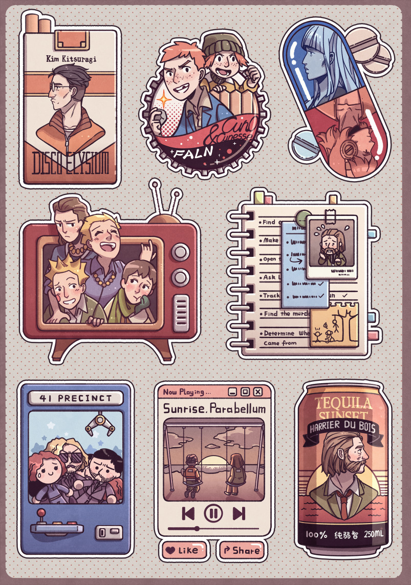 wenny02, cuno, cunoesse vittulainen, harry du bois, jean vicquemare, judit minot, kim kitsuragi, klaasje amandou, disco elysium, character request, commentary, english commentary, 4girls, 6+boys, acele berger, beer can, ben-day dots, can, cigarette pack, drink can, drugs, egg head (disco elysium), english text, game boy, handheld game console, multiple boys, multiple girls, noid (disco elysium), notebook, pete andre, pill, screentones, sticker, swing