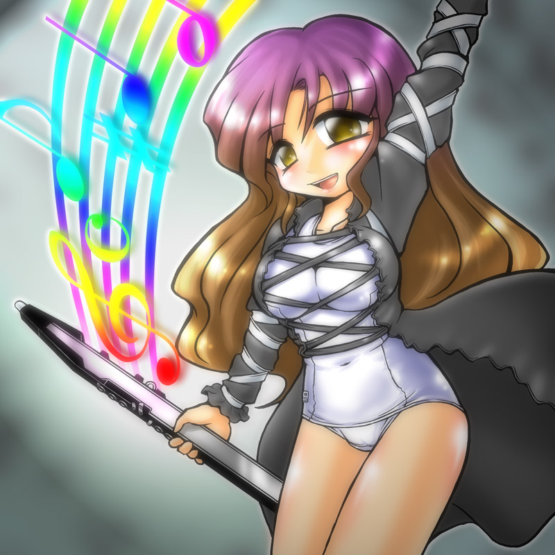 winn, hijiri byakuren, touhou, 1girl, electric wind instrument, female focus, gradient hair, instrument, long hair, multicolored hair, musical note, no pants, one-piece swimsuit, school swimsuit, scroll, solo, sorcerer's sutra scroll, swimsuit, swimsuit under clothes, white one-piece swimsuit, white school swimsuit, yellow eyes