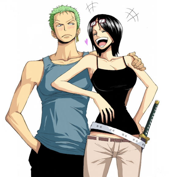 syui, roronoa zoro, tashigi, one piece, 1boy, 1girl, black hair, blush, breasts, camisole, couple, earrings, glasses, green hair, heart, hetero, jewelry, katana, large breasts, sheath, sheathed, simple background, smile, sword, tank top, weapon