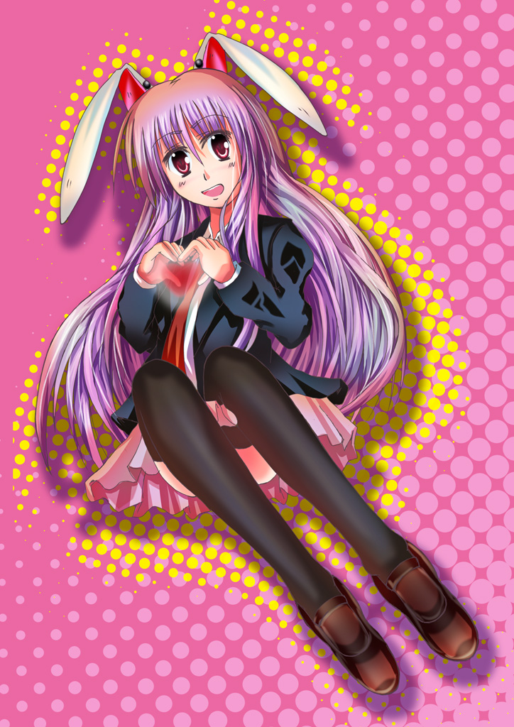 reisen udongein inaba, touhou, 1girl, animal ears, blazer, female focus, full body, heart, jacket, long hair, purple hair, rabbit ears, red eyes, sitting, solo, thighhighs