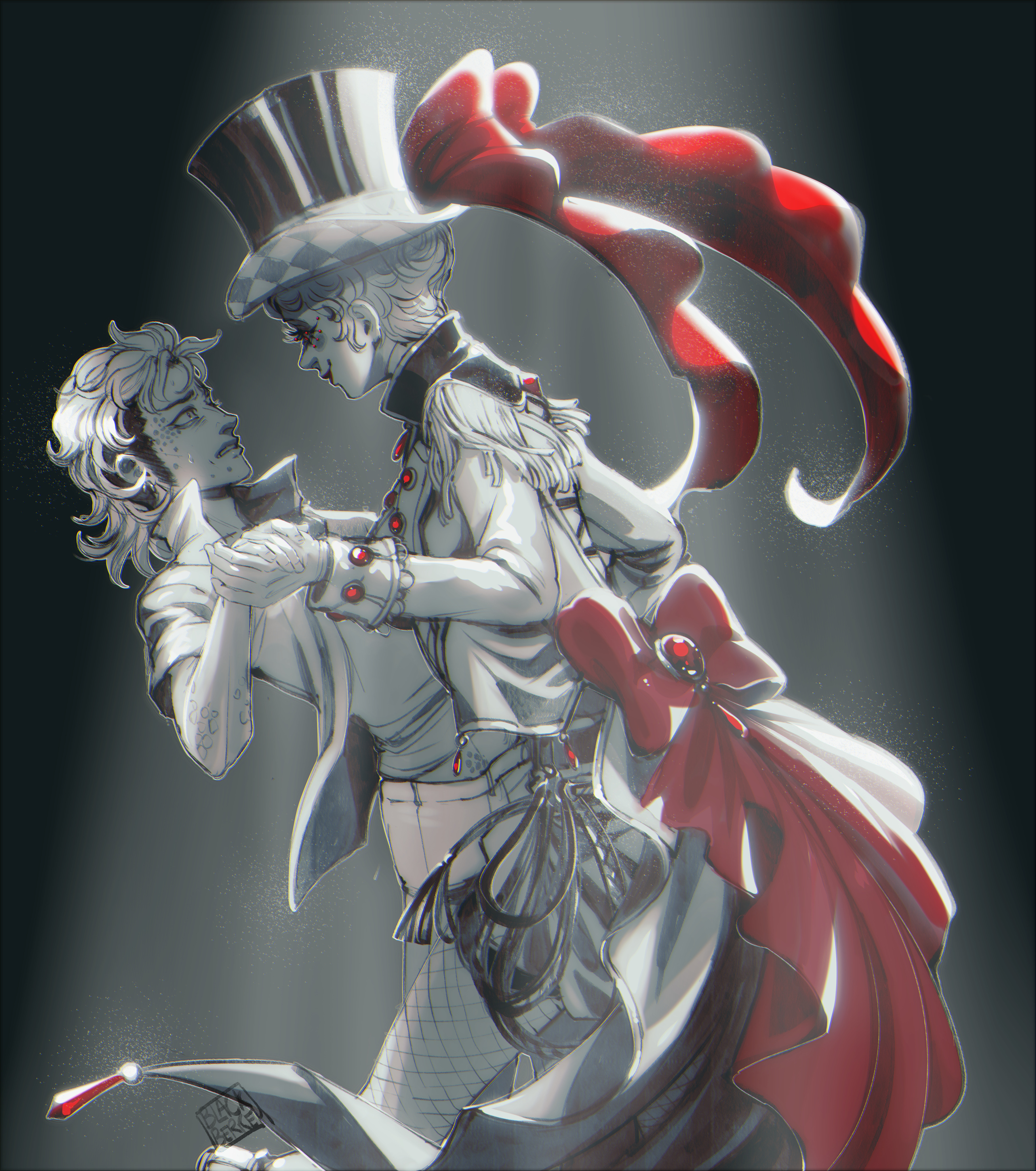 blackberreh-art, tim stoker, the magnus archives, absurdres, commentary, english commentary, highres, 1boy, 1girl, beaded eyelashes, bow, dancing, design speculation, hat, jacket, lips, makeup, mullet, nikola orsinov, ribbon, scar, scar on face, shirt, short hair, short sleeves, smile, spotlight, top hat