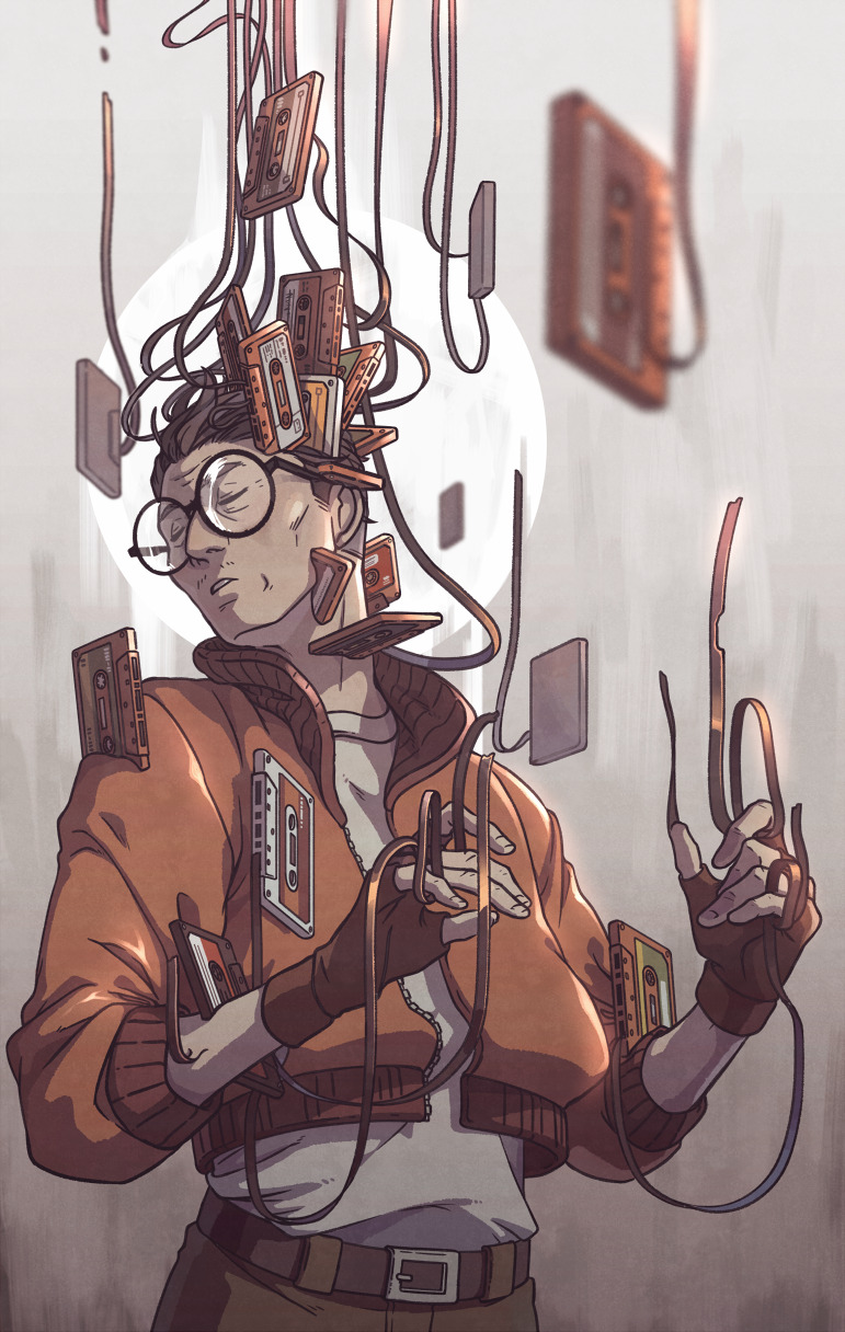 wenny02, kim kitsuragi, disco elysium, commentary, english commentary, highres, 1boy, belt, black gloves, black hair, bomber jacket, cassette tape, closed eyes, cowboy shot, facial hair, facing to the side, fingerless gloves, glasses, gloves, jacket, male focus, mechabare, mustache stubble, orange jacket, parted lips, shirt, shirt tucked in, short hair, solo, spool, stubble, white shirt