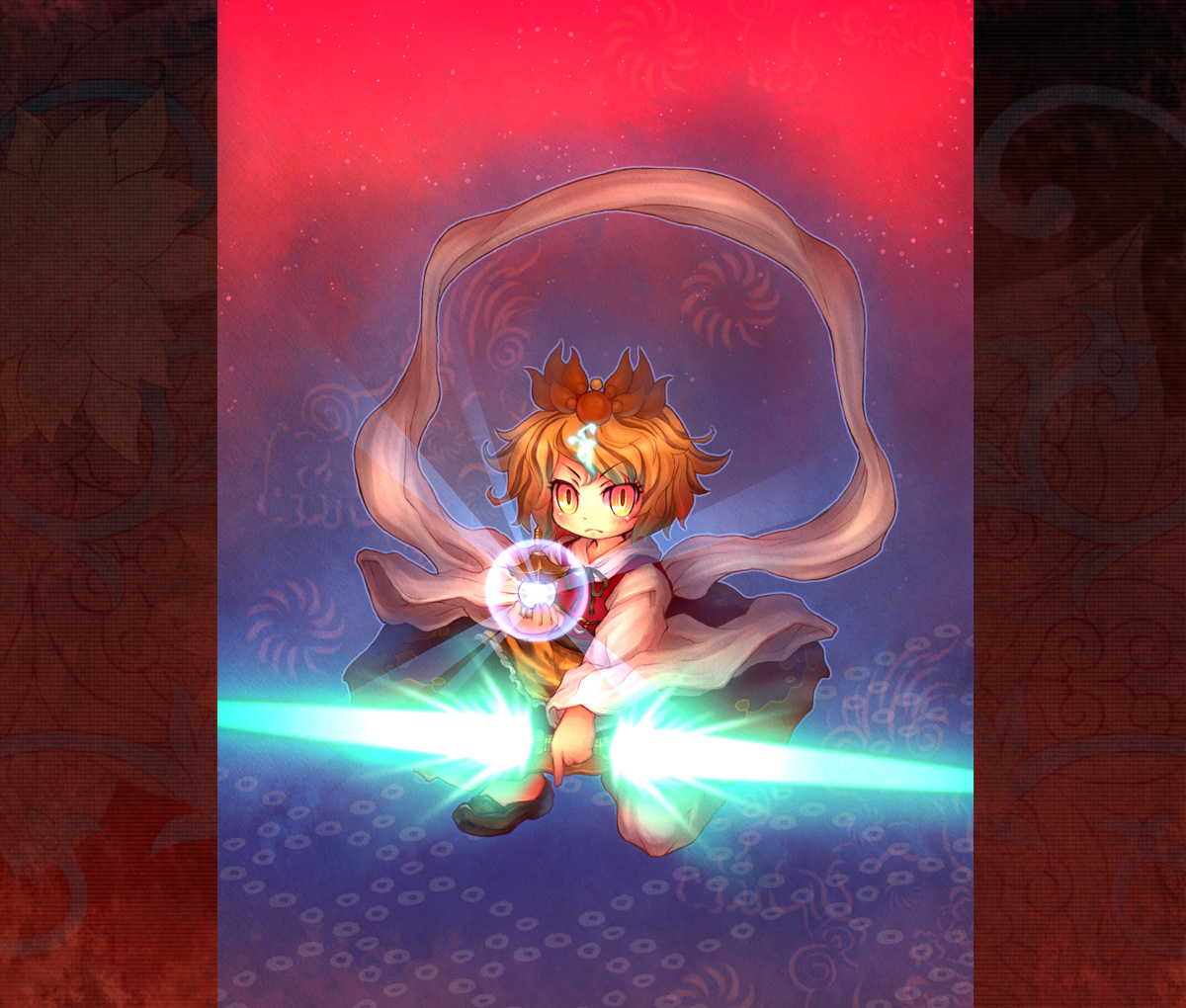 sankuma, toramaru shou, touhou, 1girl, bishamonten's pagoda, black hair, blonde hair, energy blade, female focus, frown, hair ornament, multicolored hair, on one knee, pillarboxed, shawl, shoes, short hair, solo, two-tone hair, yellow eyes