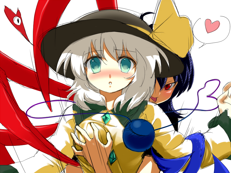 chagen kokimu, houjuu nue, komeiji koishi, touhou, silver hair, bad id, bad pixiv id, 2girls, :p, black hair, blush, breasts, female focus, grabbing another's breast, grabbing from behind, green eyes, groping, hat, heart, heart of string, multiple girls, red eyes, short hair, speech bubble, spoken heart, surprised, surprised arms, tongue, tongue out, white background, yuri