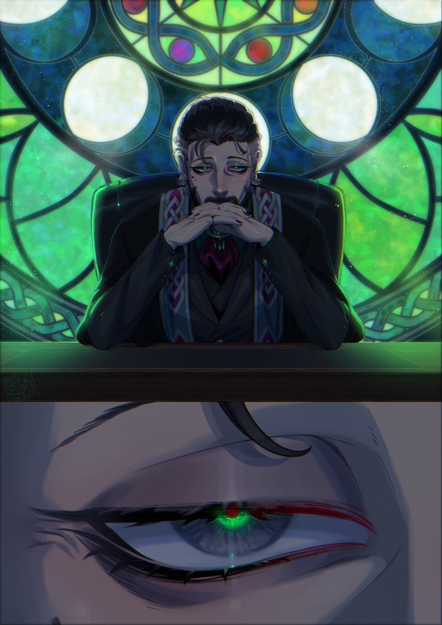 blackberreh-art, elias bouchard, the magnus archives, commentary, english commentary, highres, 1boy, beard, black hair, close-up, crow's feet, design speculation, desk, facial hair, green pupils, grey hair, hair slicked back, jewelry, male focus, mole, multicolored hair, mustache, nose, short hair, sitting, stained glass, two-tone hair, upper body