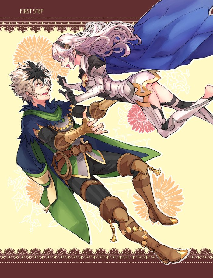 hashiko (neleven), female corrin (fire emblem), shura (fire emblem), fire emblem, fire emblem fates, nintendo, commentary request, 1boy, 1girl, black hair, blue cape, boots, cape, fingerless gloves, gloves, imminent hug, incoming hug, leather, leather boots, long hair, multicolored hair, open mouth, thighs, two-tone hair, underbutt, white hair