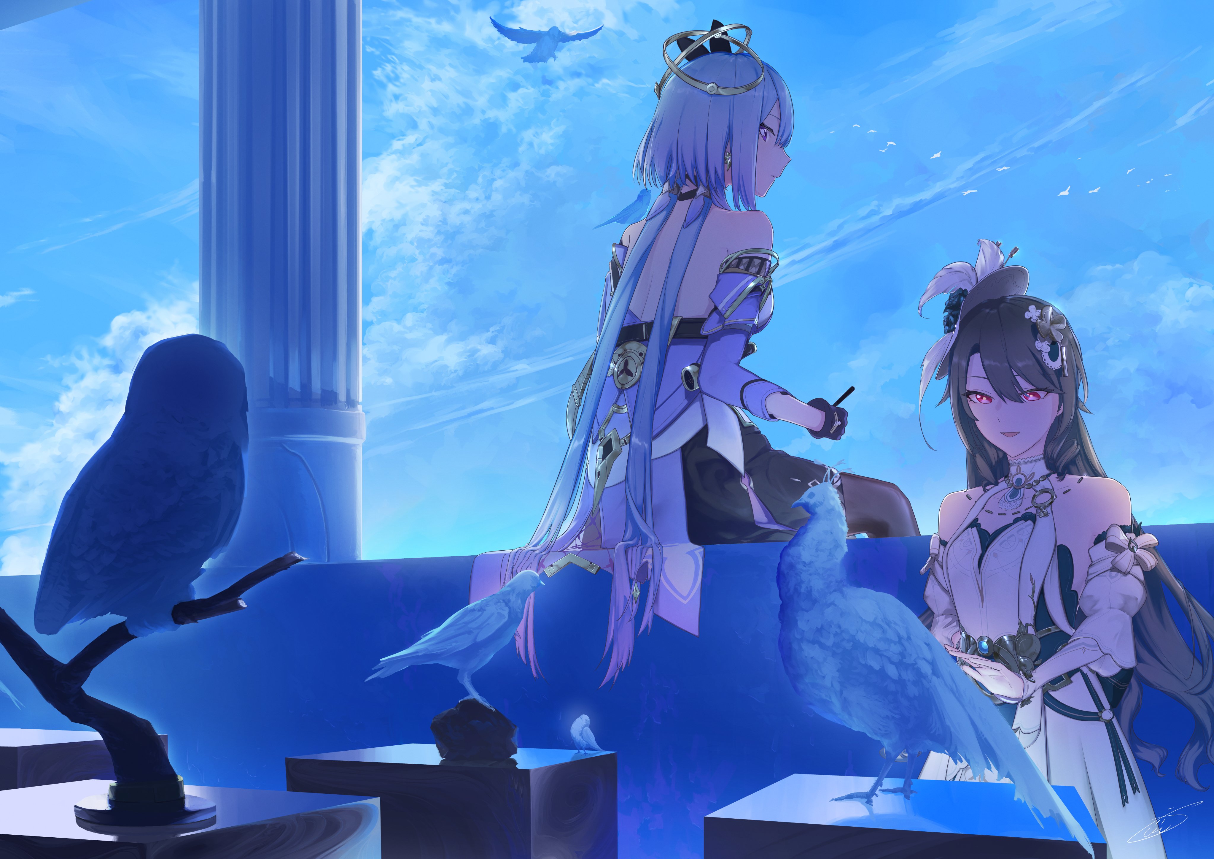 kujisho0312, griseo, griseo (cosmic expression), vita (honkai impact), honkai (series), honkai impact 3rd, absurdres, commentary request, highres, 2girls, bare shoulders, bird, blue eyes, green hair, hair ornament, long hair, multiple girls, red eyes, sitting, sky