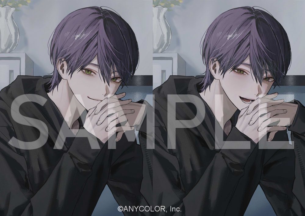 st31010, kenmochi touya, nijisanji, commentary request, official art, black hoodie, cabinet, closed mouth, collage, company name, copyright notice, double-parted bangs, empty eyes, green eyes, hair between eyes, head tilt, hood, hoodie, indoors, interlocked fingers, light blush, long sleeves, looking at viewer, loose hair strand, male focus, multiple views, official alternate costume, open mouth, out of character, own hands together, pale skin, purple hair, raised eyebrows, sample watermark, short hair, smile, upper body, variations, vase, virtual youtuber, watermark