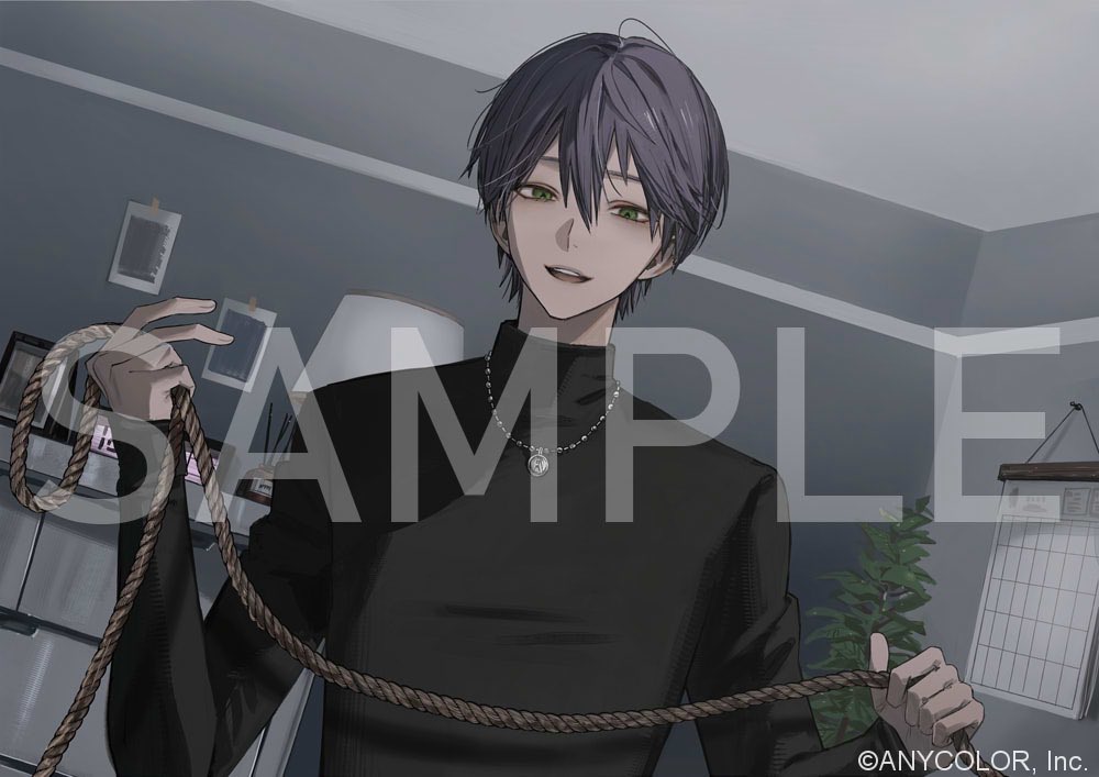 st31010, kenmochi touya, nijisanji, commentary request, official art, 1boy, alarm clock, black shirt, calendar (object), chest of drawers, clock, company name, copyright notice, double-parted bangs, dutch angle, empty eyes, green eyes, hair between eyes, holding, holding rope, incense, indoors, jewelry, lamp, light blush, long sleeves, looking at viewer, loose hair strand, male focus, male yandere, necklace, official alternate costume, open mouth, out of character, picture frame, plant, purple hair, rope, sample watermark, shirt, short hair, smile, solo, teeth, turtleneck, upper body, upper teeth only, virtual youtuber, watermark, yandere