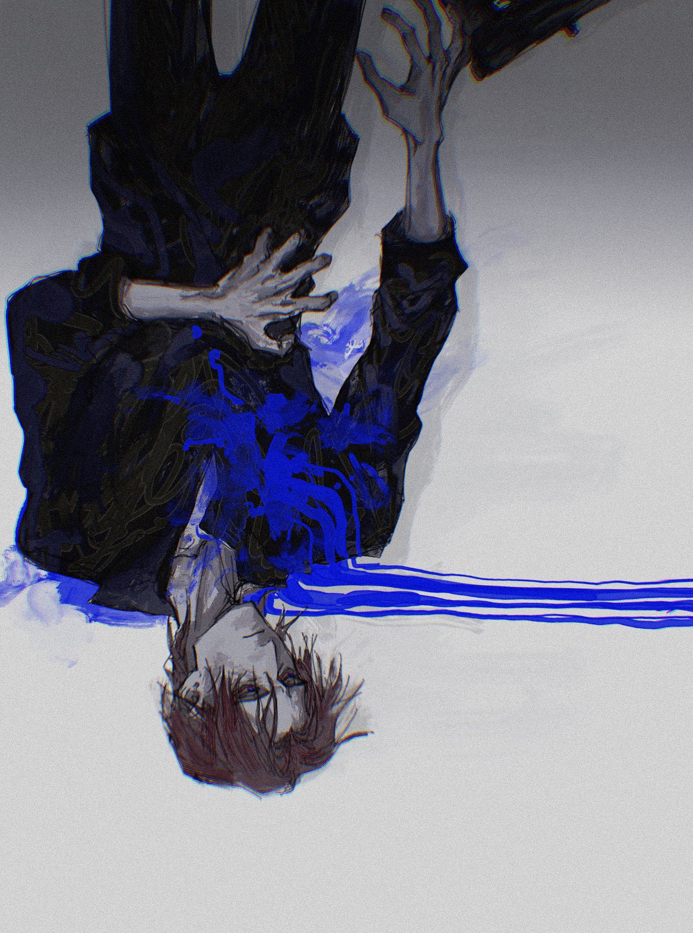 revol4357, original, highres, 1boy, black shirt, blood, bloodshot eyes, blue blood, blue eyes, brown hair, cowboy shot, gun, hand on own stomach, handgun, implied suicide, long sleeves, looking to the side, lying, male focus, on back, on floor, shirt, short hair, weapon