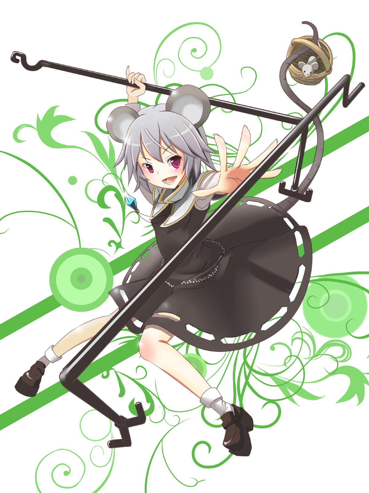 masakasu, nazrin, touhou, highres, 1girl, animal ears, basket, female focus, grey hair, jewelry, mouse (animal), mouse ears, mouse tail, pendant, red eyes, shoes, short hair, socks, solo, tail, white background