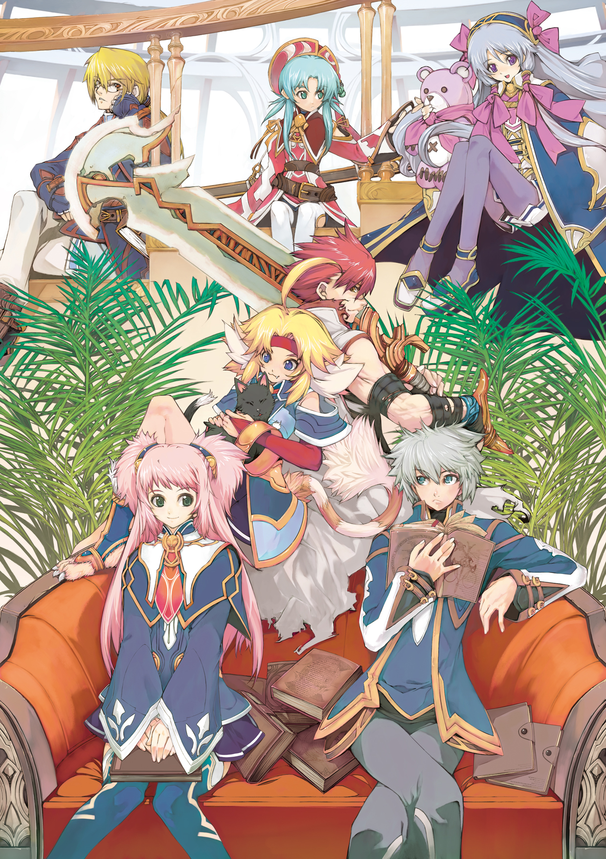 yoshizumi kazuyuki, anna laemmle, flay gunnar, nicole mimi tithel, pamela ibis, philomel hartung, roxis rosenkranz, sulpher, sulpher (mana khemia), vayne aurelius, atelier (series), gust, mana khemia, mana khemia (series), purple legwear, highres, jpeg artifacts, official art, 3boys, 4girls, animal ears, book, cat ears, everyone, ghost, hat, katana, multiple boys, multiple girls, ootachi, pantyhose, red hat, sword, thighhighs, twintails, two side up, weapon