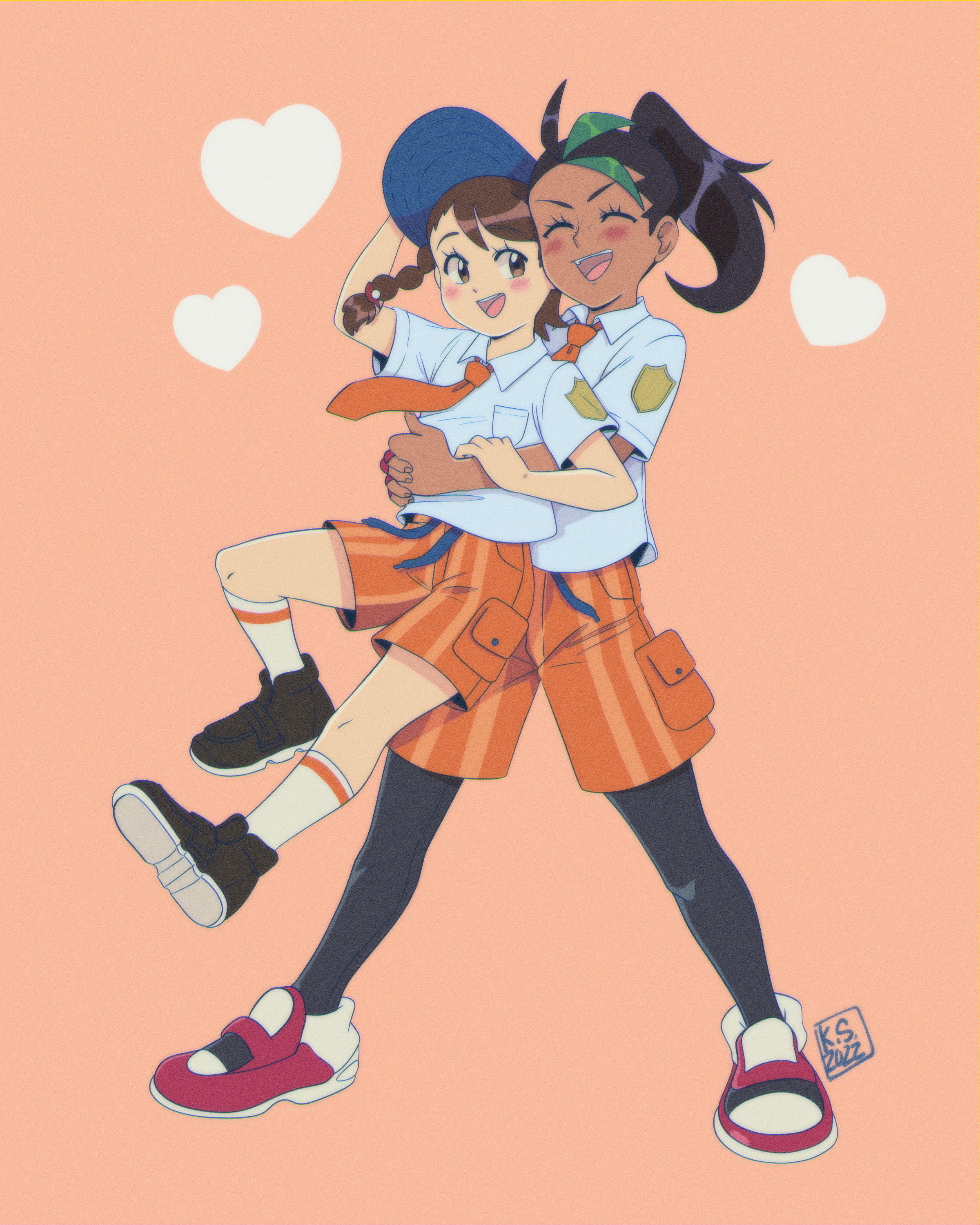 kaguras-art, juliana (pokemon), nemona (pokemon), nintendo, pokemon, pokemon sv, absurdres, commentary, english commentary, highres, 2girls, blush, braid, collared shirt, dark-skinned female, dark skin, faux retro artstyle, heart, height difference, hug, multiple girls, naranja academy school uniform, necktie, orange background, orange pants, pants, pokemon (creature), school uniform, shirt, shorts, single braid, striped clothes, striped shorts, vertical-striped clothes, vertical-striped shorts, white shirt, yuri