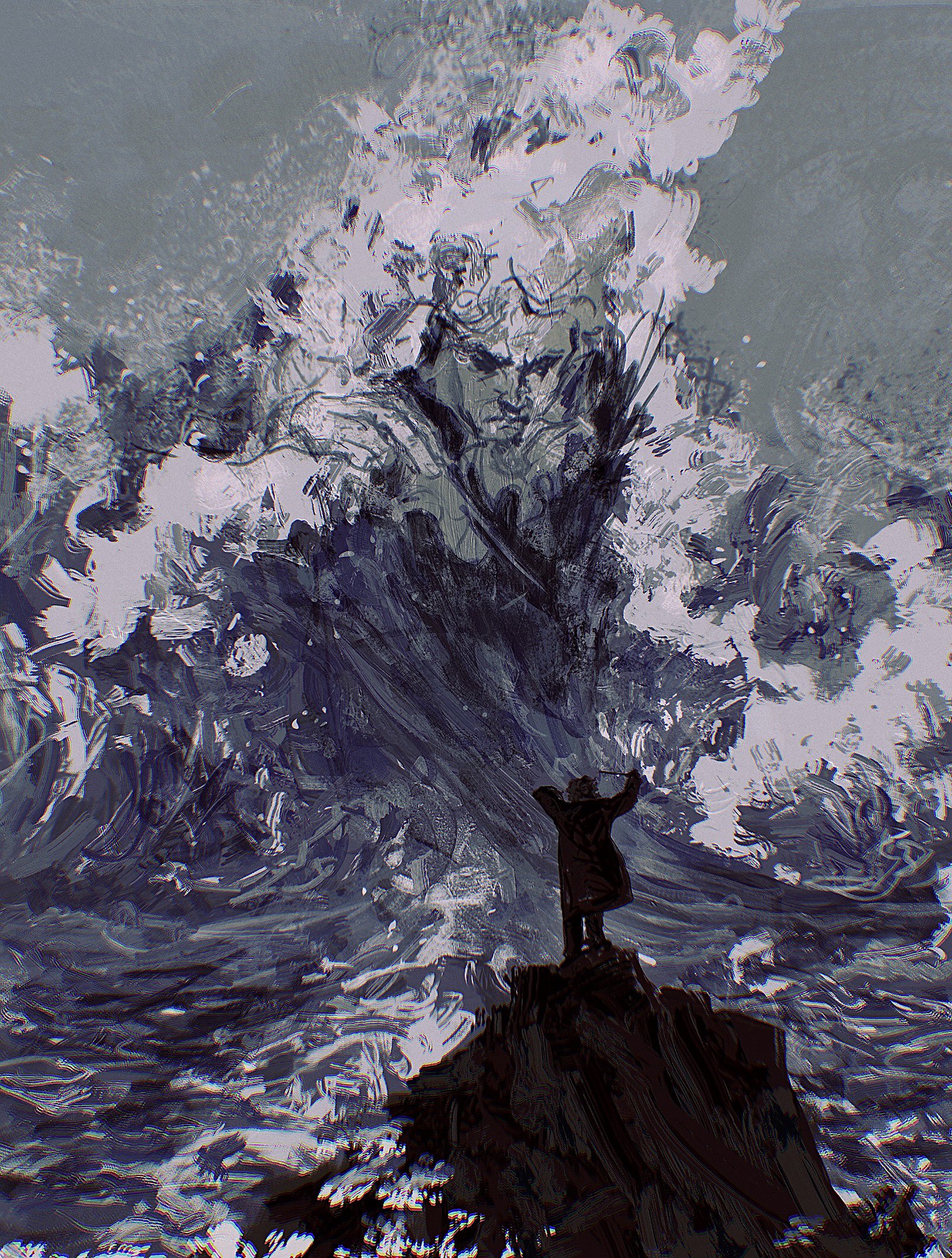 revol4357, ludwig van beethoven, real life, highres, 1boy, arms up, black coat, black hair, cliff, coat, from behind, full body, holding, holding wand, male focus, painterly, pareidolia, sea spray, solo, wand, waves