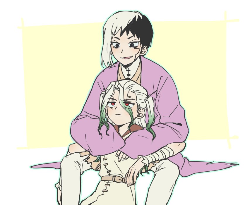 asagiri gen, ishigami senkuu, dr. stone, commentary request, 0104samu, 1boy, 1girl, arm wrap, asymmetrical hair, bandaged arm, bandages, belt, black eyes, black hair, brown belt, closed mouth, facial mark, genderswap, genderswap (mtf), green hair, hair between eyes, japanese clothes, long hair, long sleeves, looking at another, multicolored hair, pants, red eyes, short hair, simple background, sitting, sleeves past wrists, smile, two-tone hair, white background, white hair, white pants, yellow background