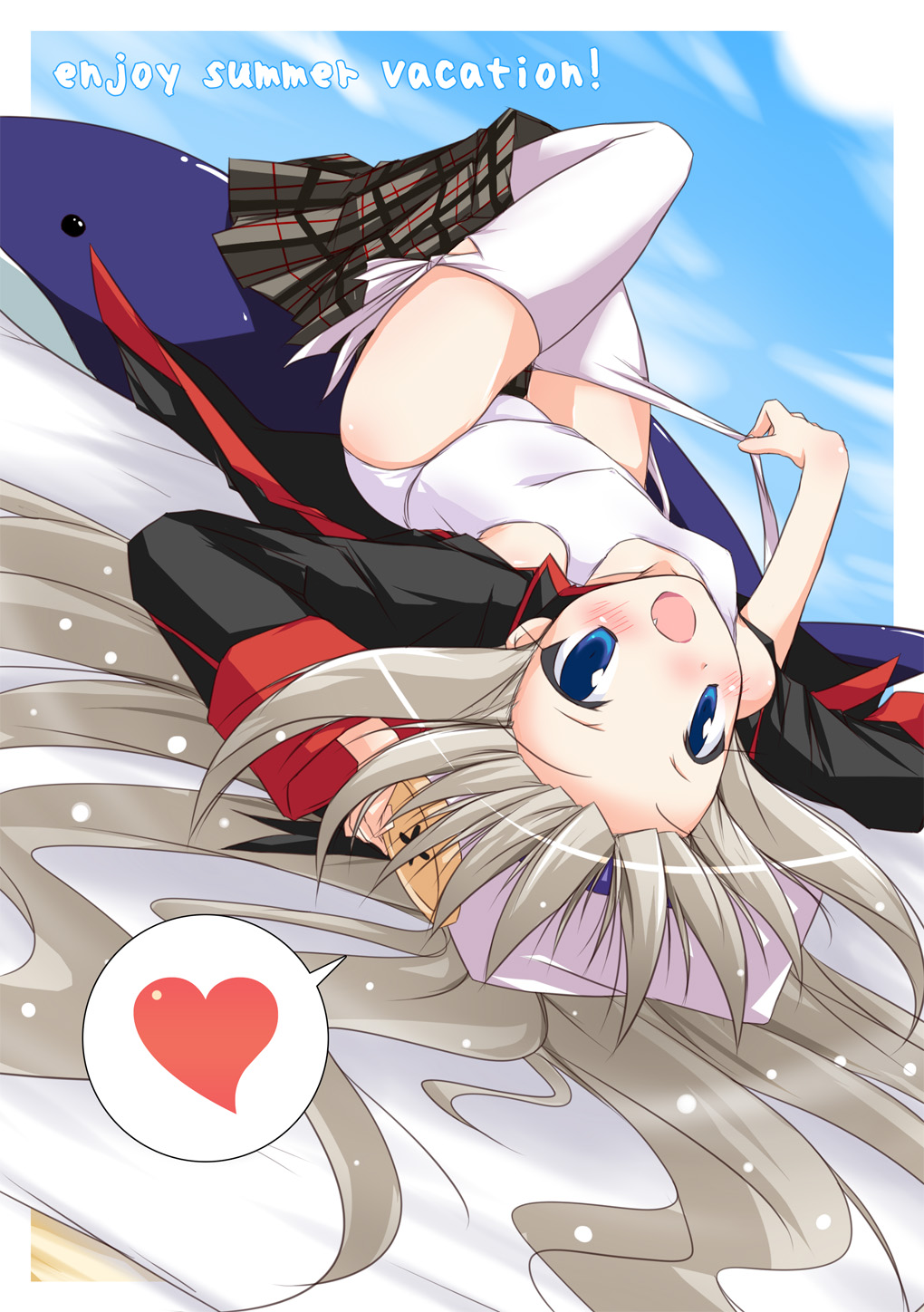 umesato yukino, noumi kudryavka, little busters!, silver hair, highres, 1girl, blue eyes, clothes pull, dolphin, female focus, hat, heart, inflatable dolphin, inflatable toy, long hair, lying, one-piece swimsuit, open clothes, open shirt, plaid clothes, plaid skirt, school swimsuit, school uniform, shirt, skirt, skirt pull, solo, swimsuit, swimsuit under clothes, thighhighs, undressing, upside-down, white one-piece swimsuit, white school swimsuit