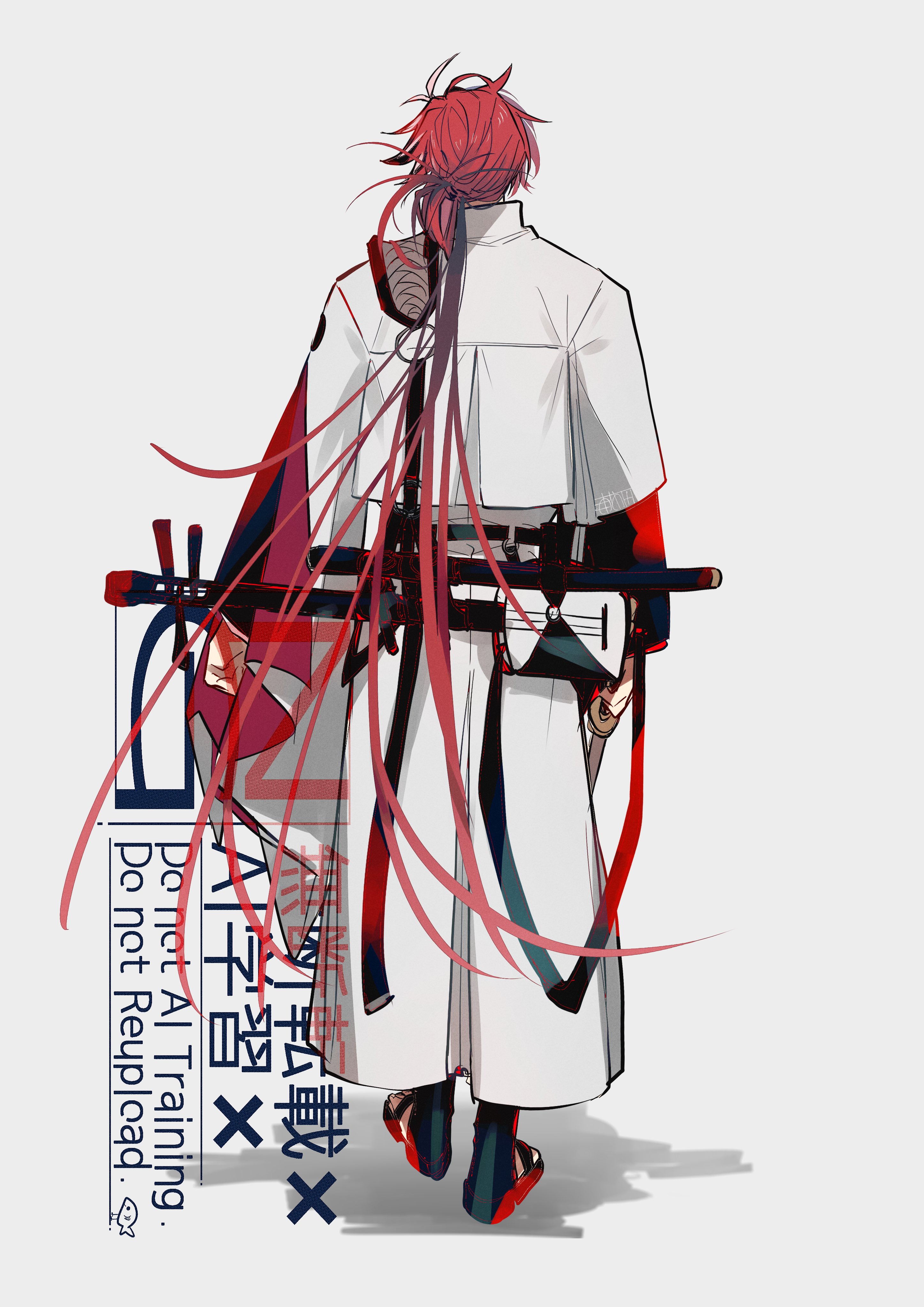 u 5ham0, takasugi shinsaku (fate), fate/grand order, fate (series), absurdres, commentary, highres, 1boy, asymmetrical sleeves, cropped jacket, from behind, grey background, high collar, instrument, instrument on back, jacket, layered sleeves, long hair, long sleeves, male focus, o-ring, red hair, shadow, shamisen, sheath, sheathed, simple background, solo, very long hair, walking, white jacket