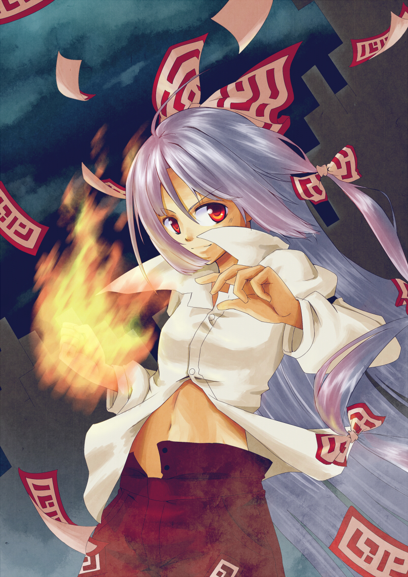 senhaku, fujiwara no mokou, touhou, silver hair, 1girl, female focus, fire, hair ribbon, long hair, navel, ofuda, popped collar, ribbon, shirt, smile, solo, white shirt, wind