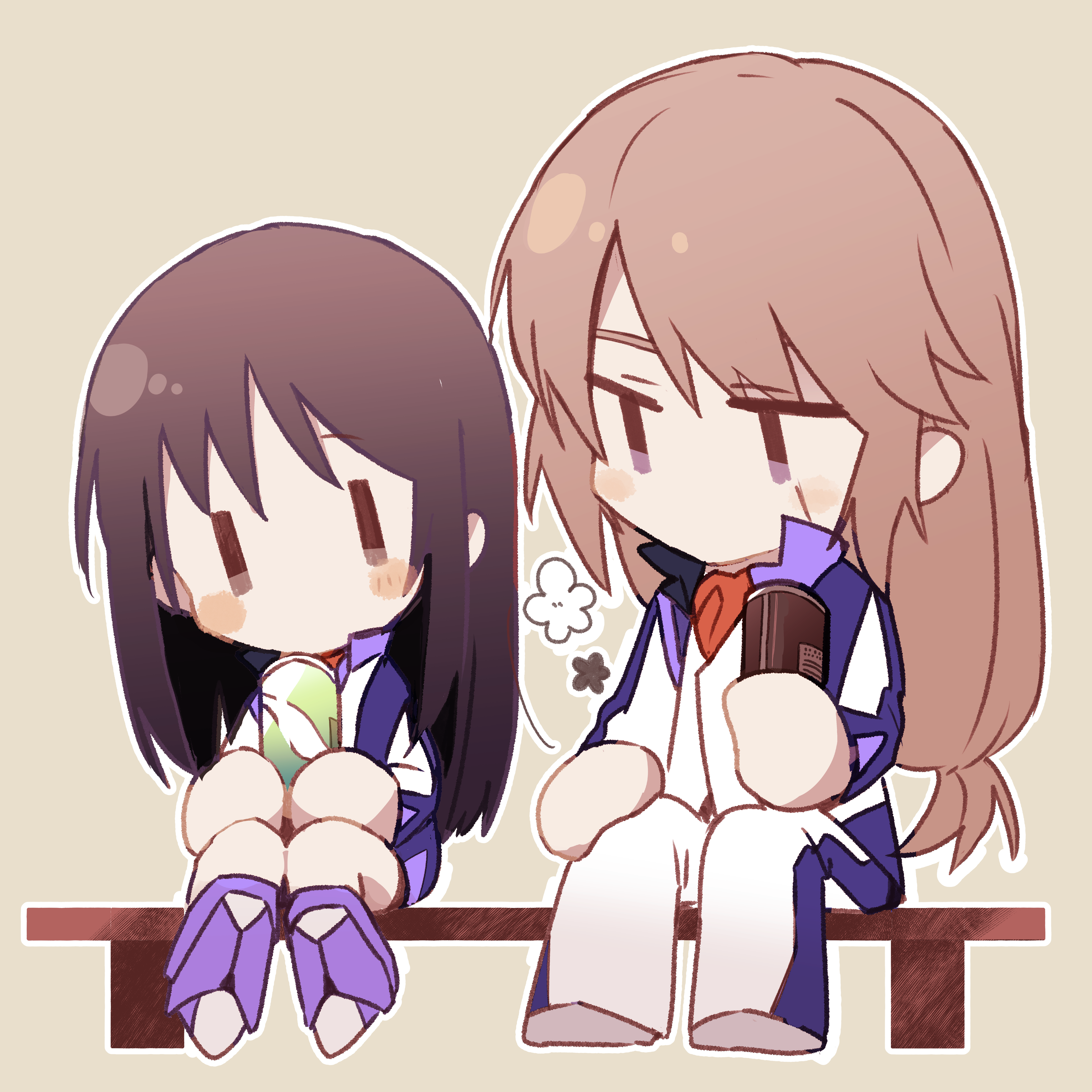 minashiro soushi, minashiro tsubaki, soukyuu no fafner, absurdres, commentary request, highres, 1boy, 1girl, alvis uniform, bench, black hair, brother and sister, brown background, brown hair, can, chibi, chibi only, drink can, high collar, holding, holding can, long hair, low-tied long hair, no mouth, on bench, outline, scar, scar across eye, scar on face, siblings, simple background, sitting, uofish29, white outline, wooden bench
