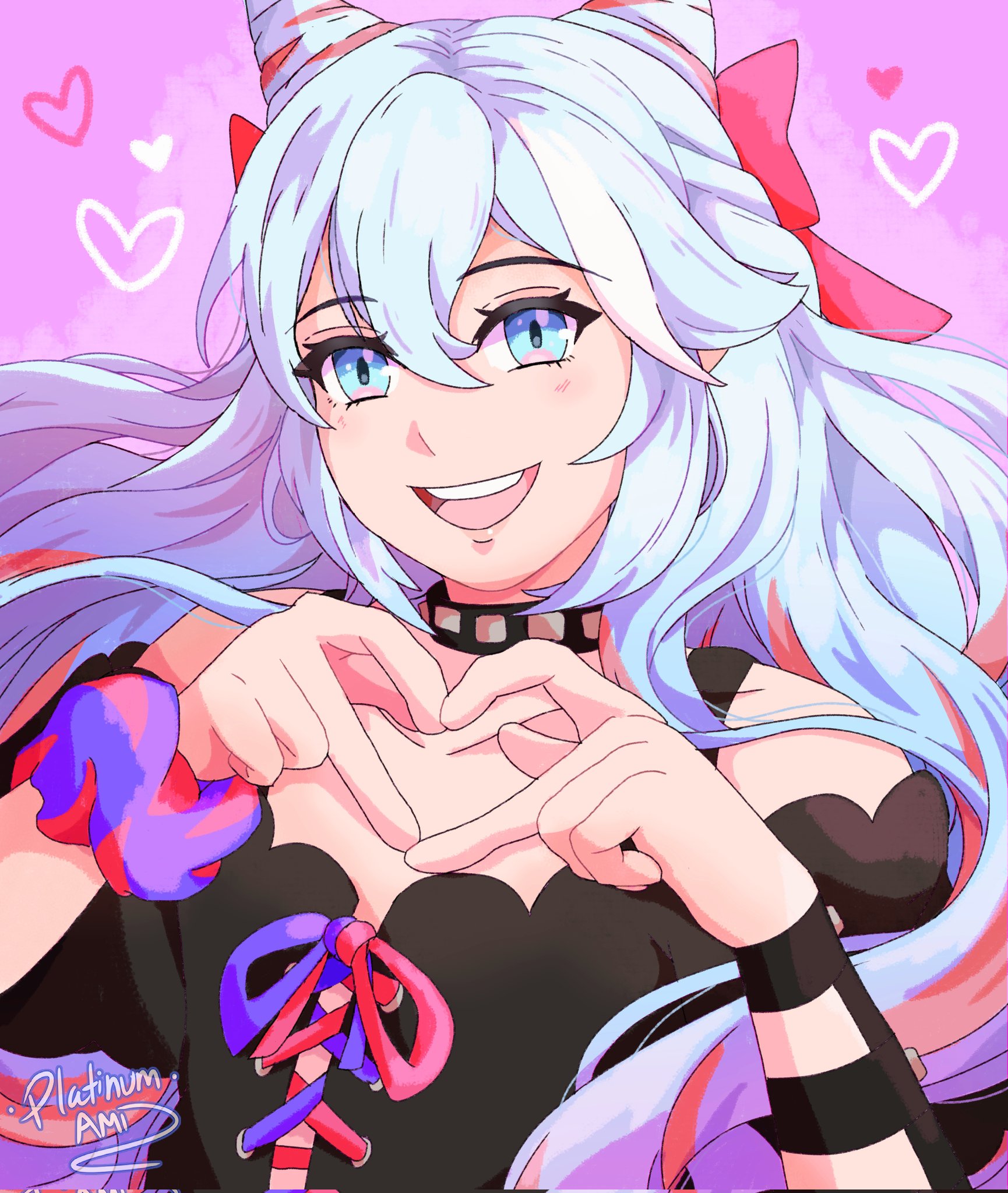 platinum ami, rosado (fire emblem), fire emblem, fire emblem engage, nintendo, commentary, english commentary, highres, 1boy, :d, androgynous, bare shoulders, blue eyes, blue hair, collarbone, cone hair bun, four-finger heart hands, hair bun, hair horns, heart, heart hands, long hair, looking at viewer, male focus, open mouth, pink hair, smile, solo, trap, very long hair