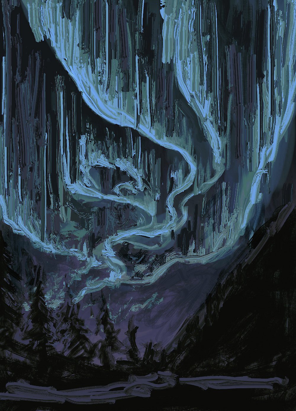 revol4357, original, highres, aurora, dark, forest, mountainous horizon, nature, night, no humans, painterly, river, scenery, tree