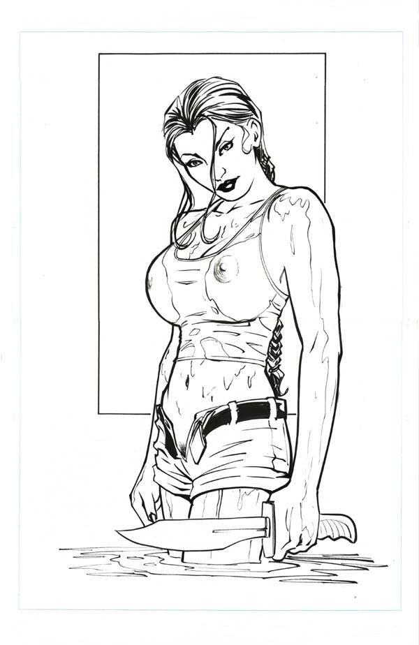 lara croft, tomb raider, belt, breasts, cleavage, grin, knife, large breasts, long hair, midriff, monochrome, navel, nipples, ponytail, pubic hair, short shorts, shorts, simple background, smile, smirk, solo, standing, tank top, water, weapon, wet