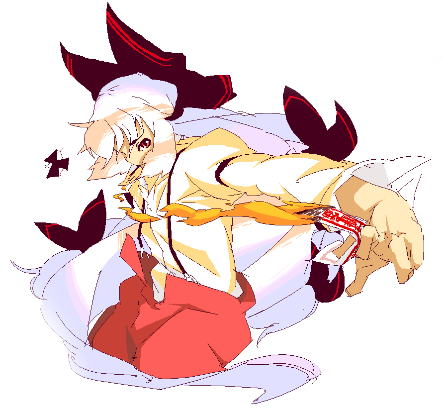 waruiihto, fujiwara no mokou, touhou, 1girl, female focus, fire, oekaki, ofuda, solo