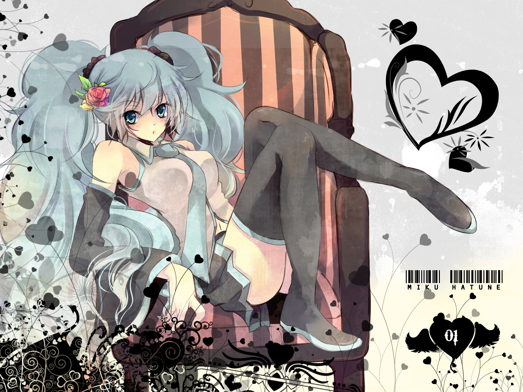 kokonoe miya, hatsune miku, vocaloid, bad id, bad pixiv id, highres, 1girl, aqua eyes, aqua hair, boots, breasts, chair, detached sleeves, female focus, flower, full body, hair flower, hair ornament, heart, legs, long hair, necktie, sitting, skirt, solo, thigh boots, thighhighs, twintails, very long hair, zettai ryouiki